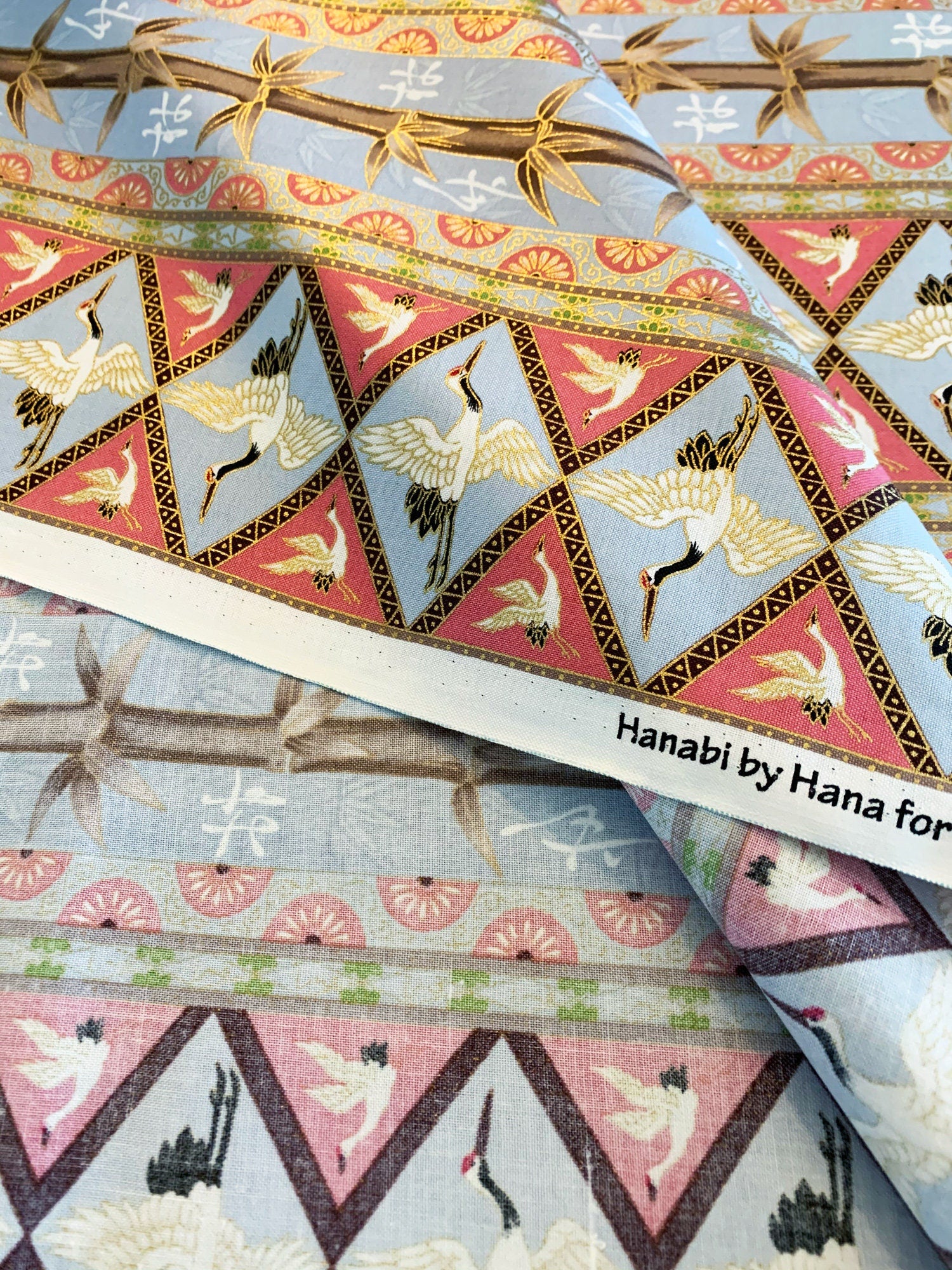 QH Textiles - SALE Diamond Cranes in Hanabi - Blue Pink Gold