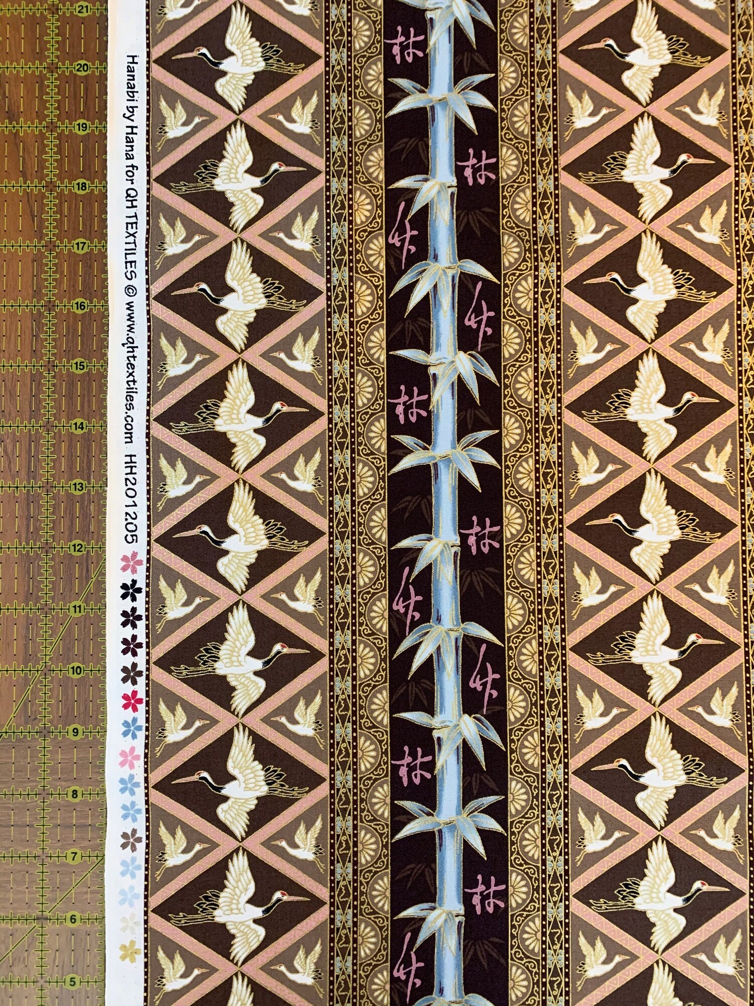QH Textiles - SALE Diamond Cranes in Hanabi - Brown Pink Gold