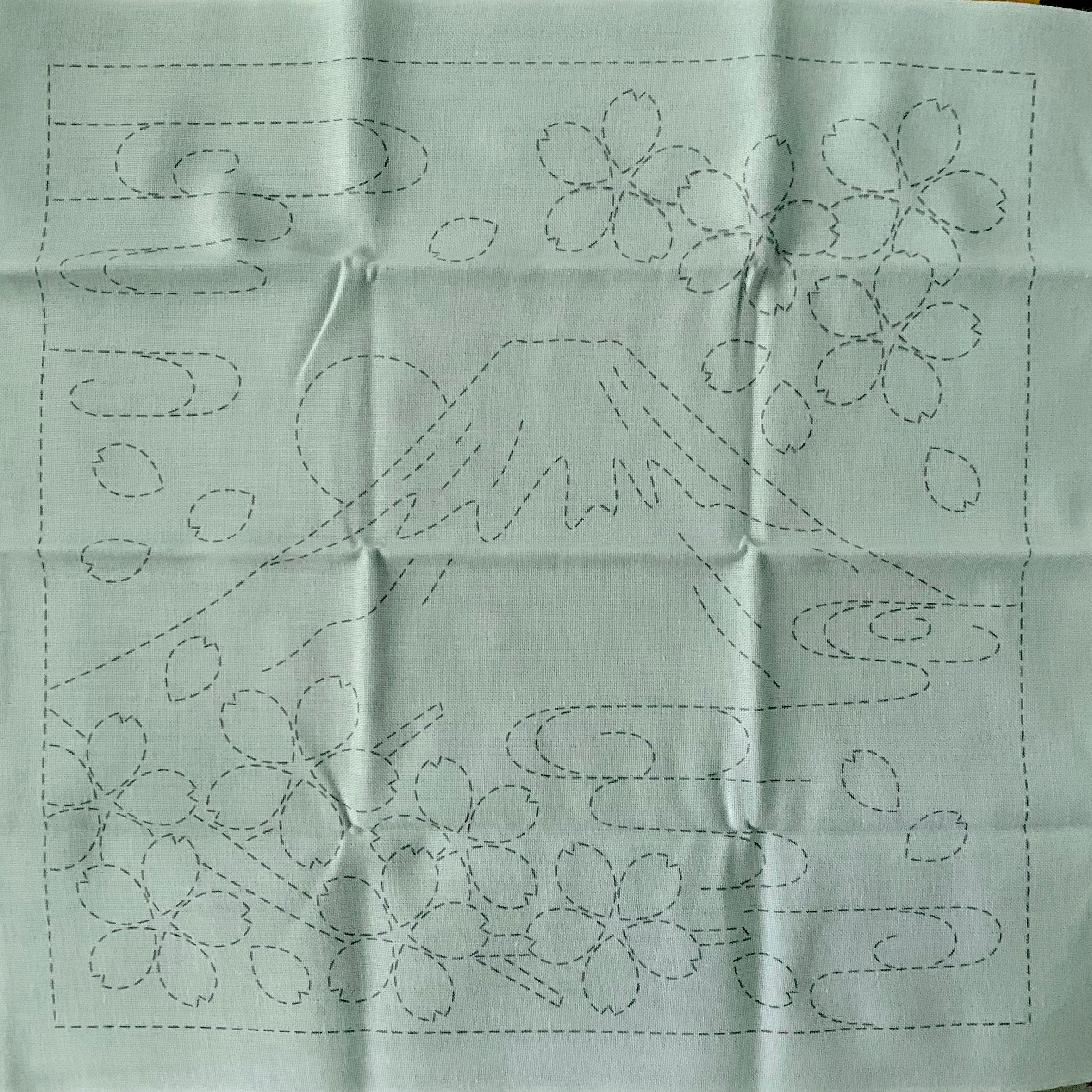 Olympus #4012 Mt. Fuji and cherry blossom Japanese sashiko cotton fabric sampler GREEN