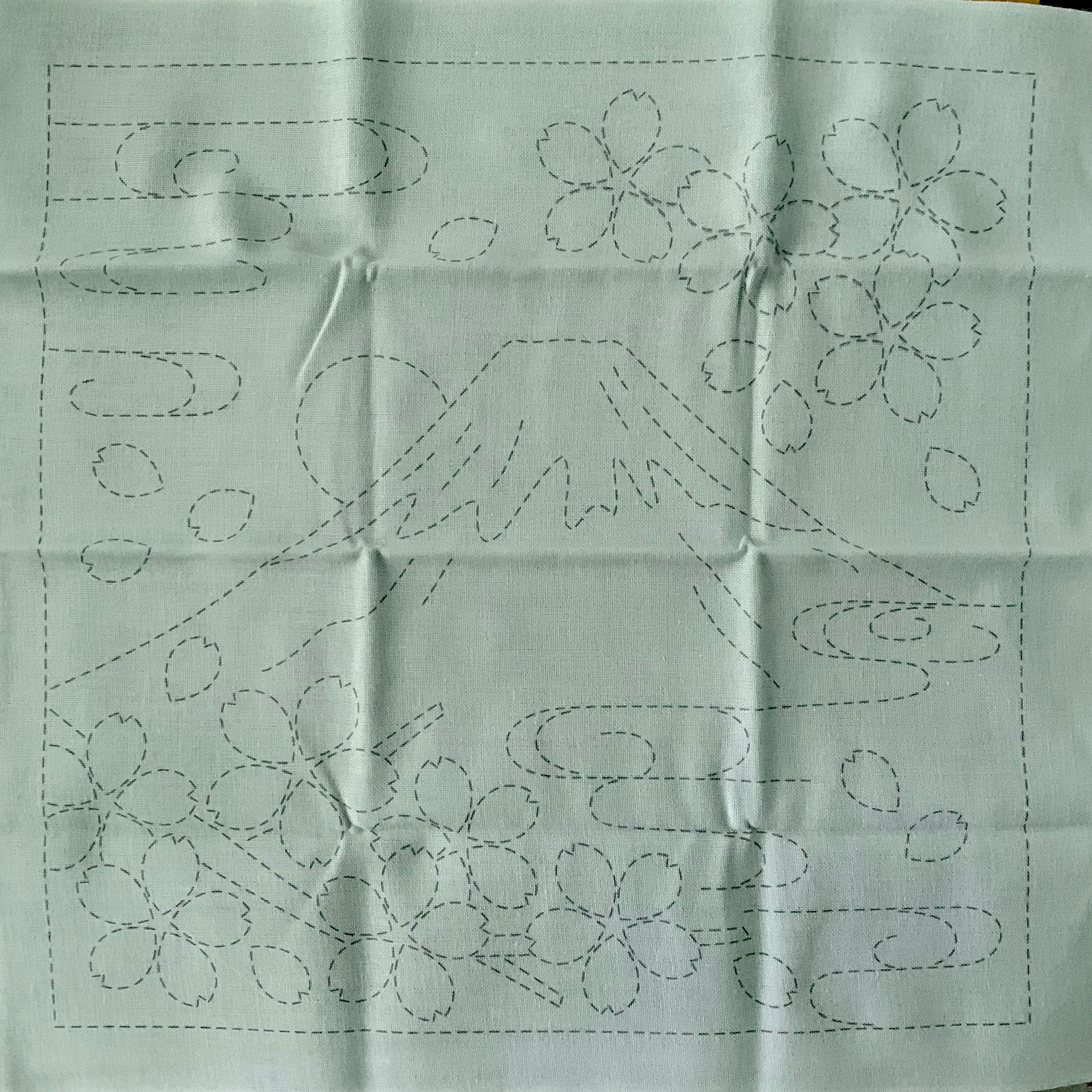 Olympus - Mt. Fuji and Cherry Blossom Cotton Sashiko Sampler Cloth - Green