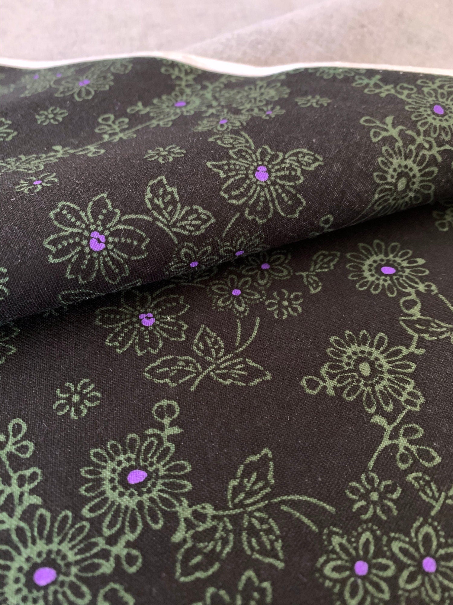 Orimono Imports - SALE Katazome Style Flowers Cotton Fabric - Black Green Purple