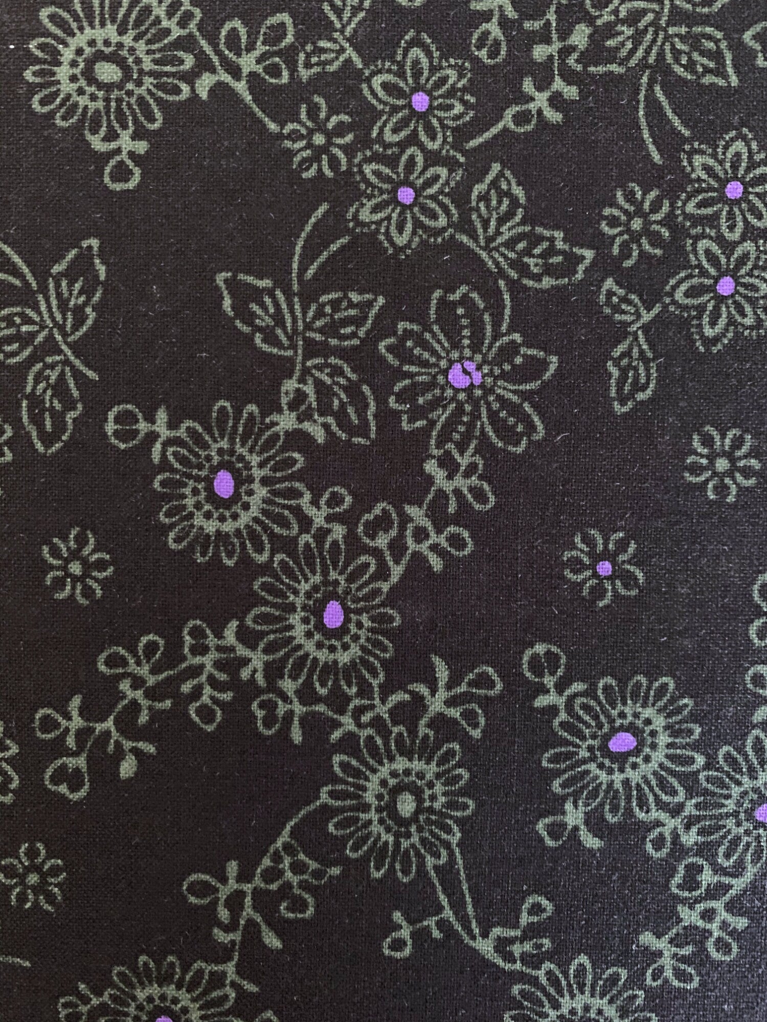 Orimono Imports - SALE Katazome Style Flowers Cotton Fabric - Black Green Purple