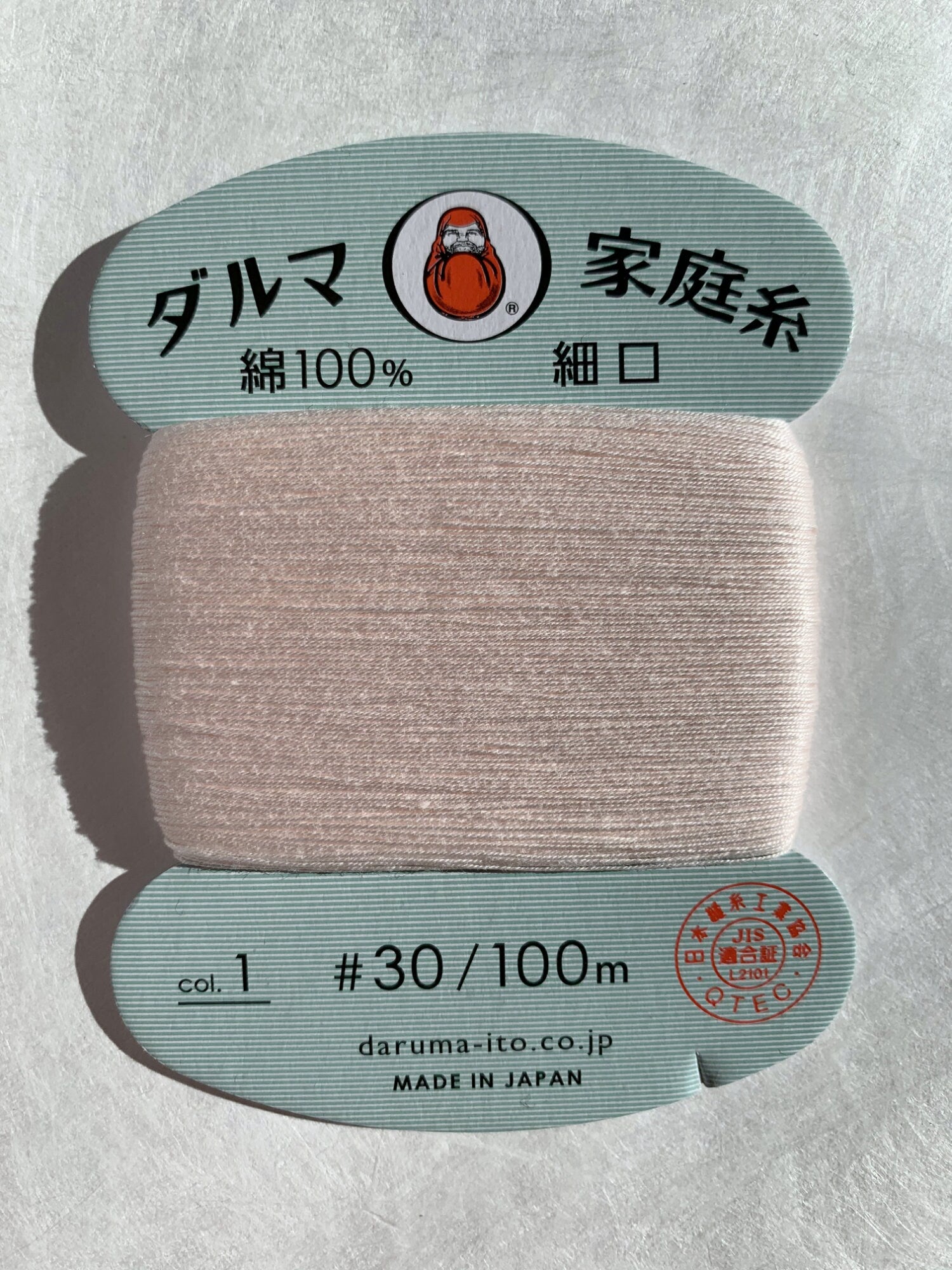 Daruma - Cotton Hand Sewing Thread Size #30 100m Card - Color #1 Shell Pink