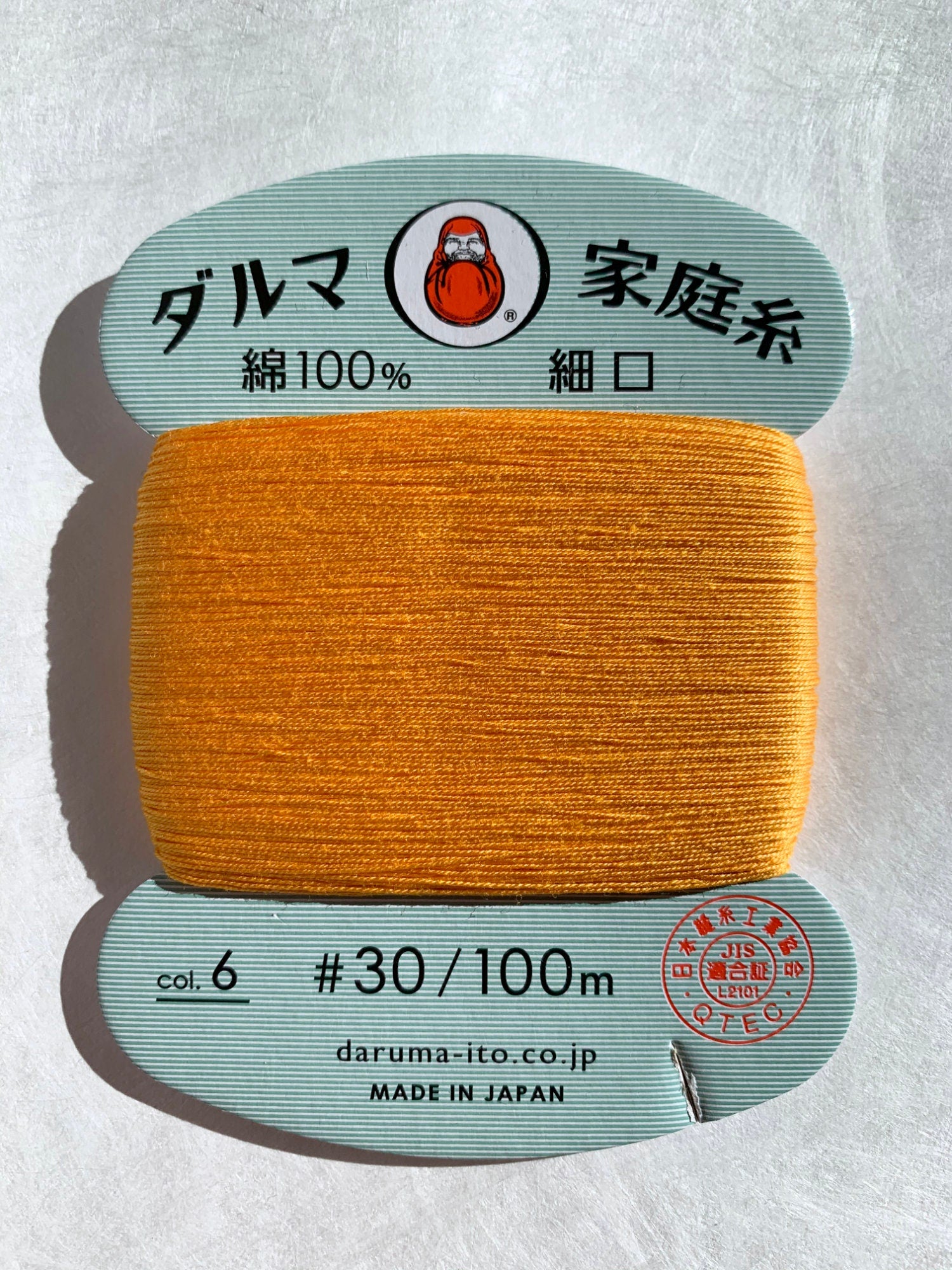 Daruma - Cotton Hand Sewing Thread Size #30 100m Card - Color #6 Tangerine Orange