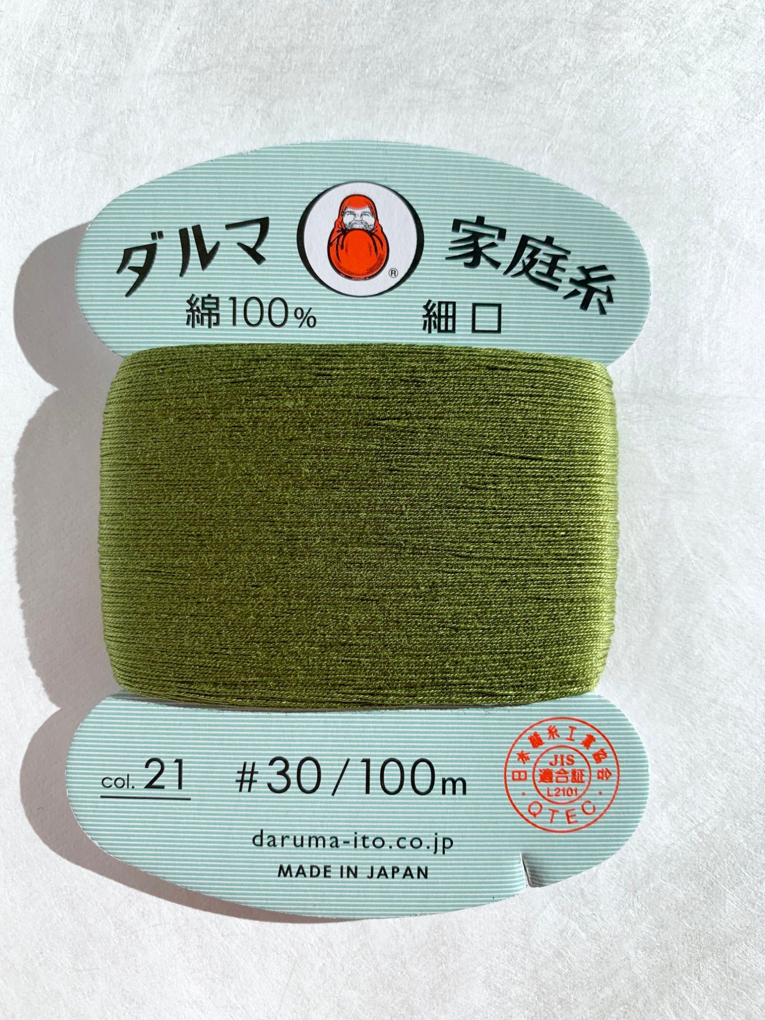 Daruma - Cotton Hand Sewing Thread Size #30 100m Card - Color #21 Olive Green