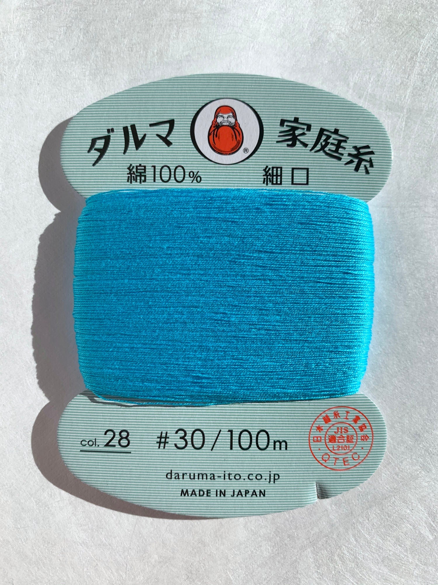 Daruma - Cotton Hand Sewing Thread Size #30 100m Card - Color #28 Turquoise Blue