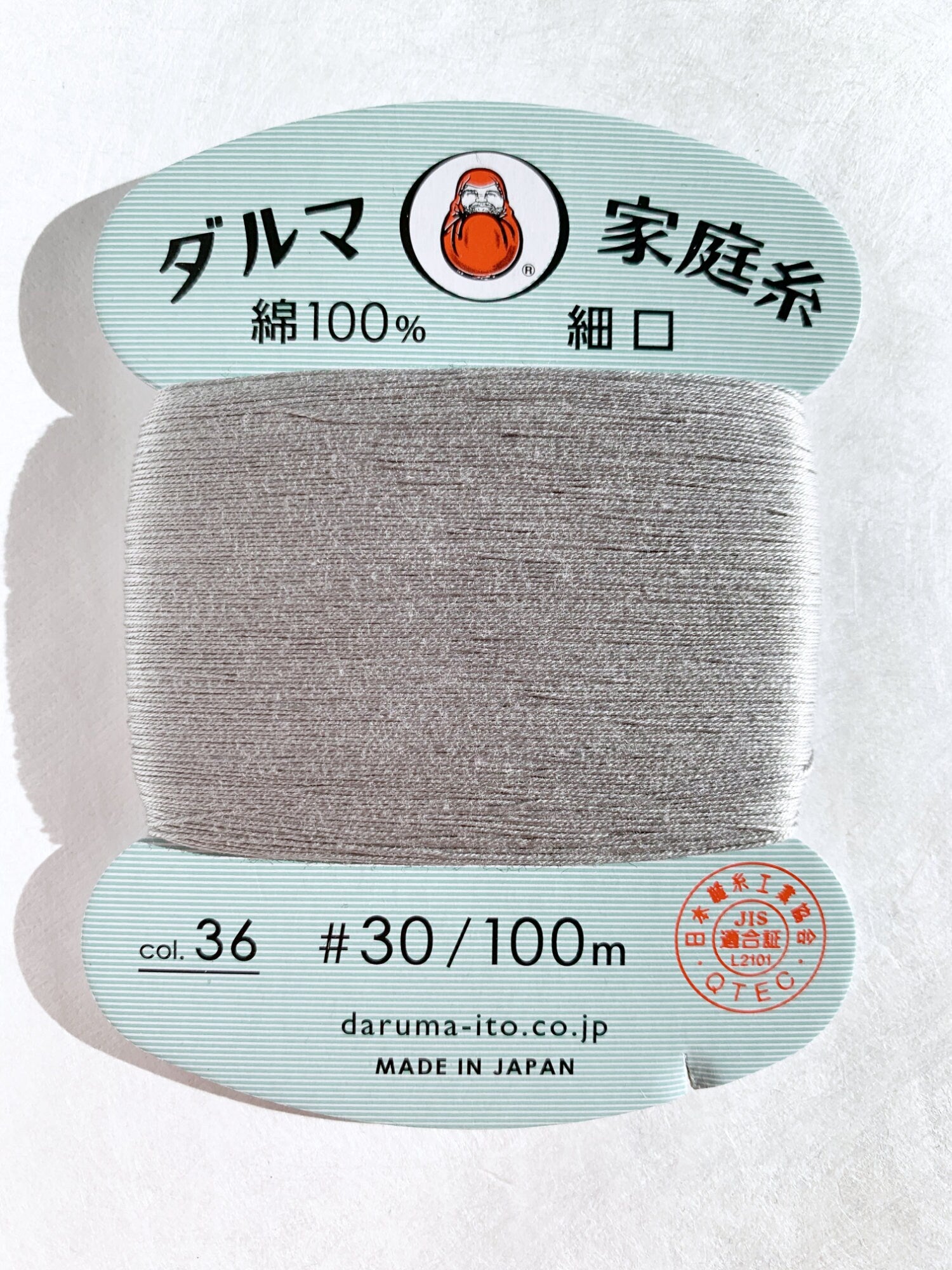 Daruma - Cotton Hand Sewing Thread Size #30 100m Card - Color #36 Silver Gray