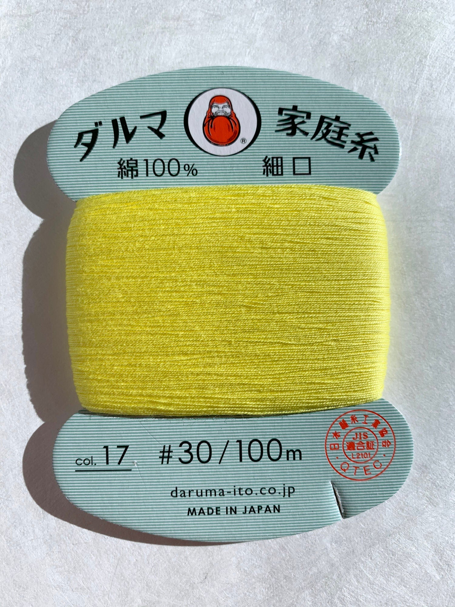 Daruma - Cotton Hand Sewing Thread Size #30 100m Card - Color #17 Lemon Yellow