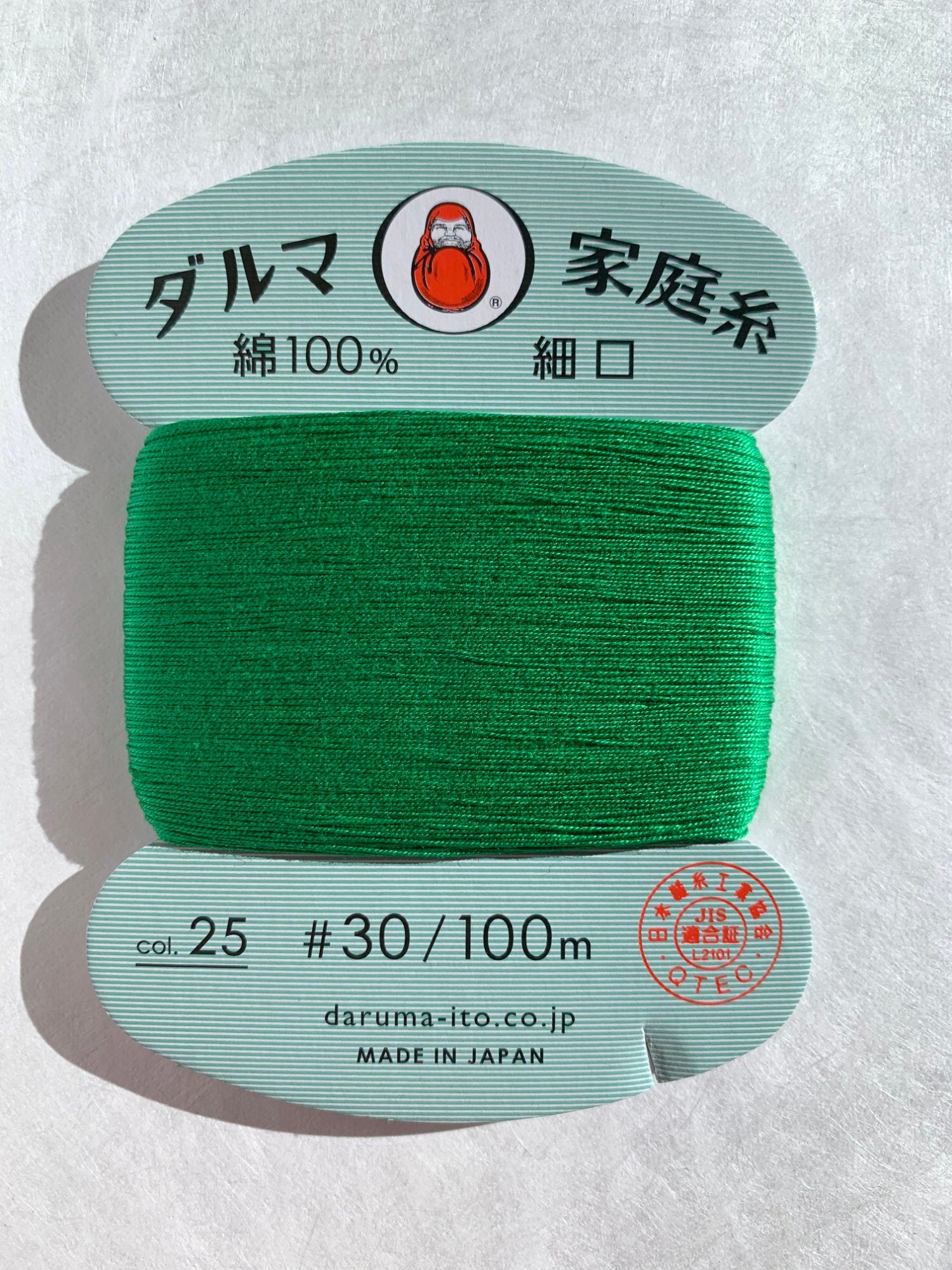 Daruma - Cotton Hand Sewing Thread Size #30 100m Card - Color #25 Kelly Green
