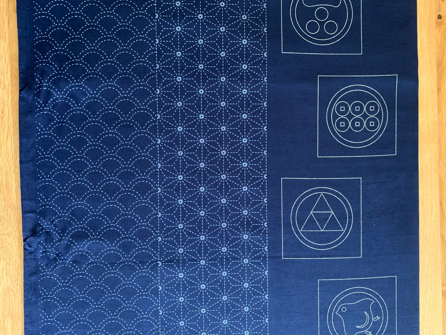 Ayatex - Family Crests Sashiko Fabric Panel - Black Blue Beige