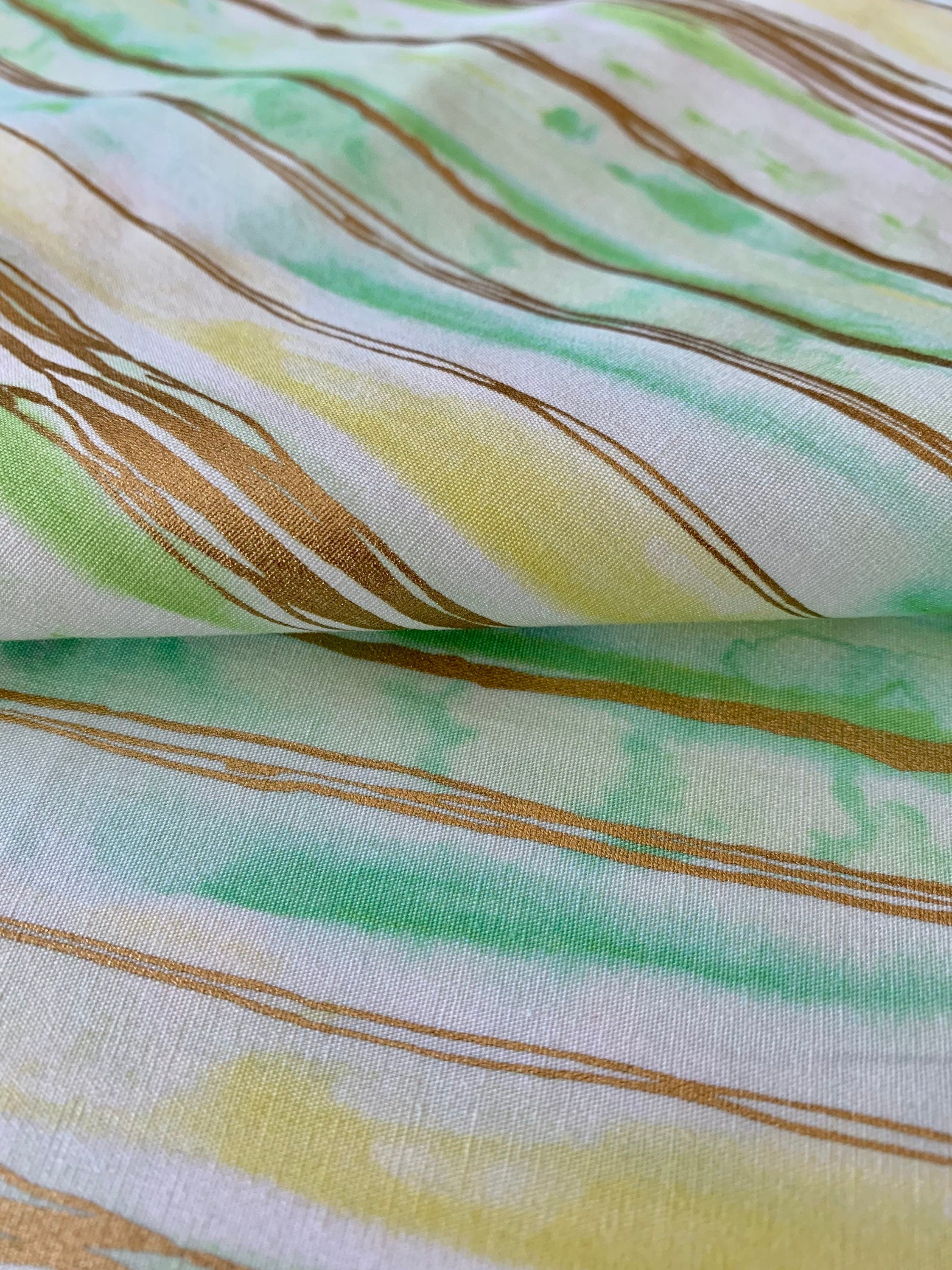 Sevenberry - SALE WaterColor Stripes Cotton Fabric - Green Gold