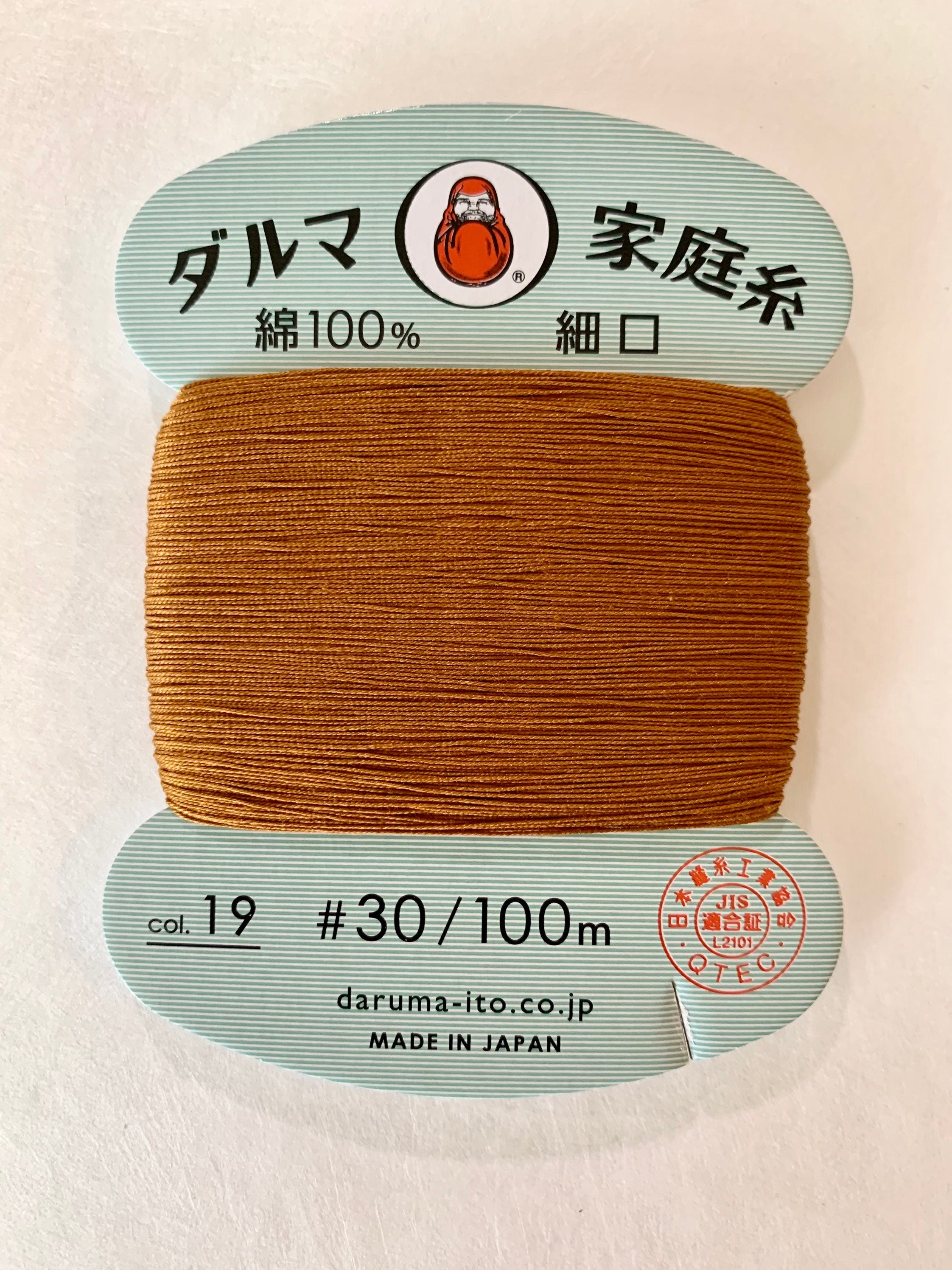 Daruma - Cotton Hand Sewing Thread Size #30 100m Card - Color #19 Gold Tea Brown