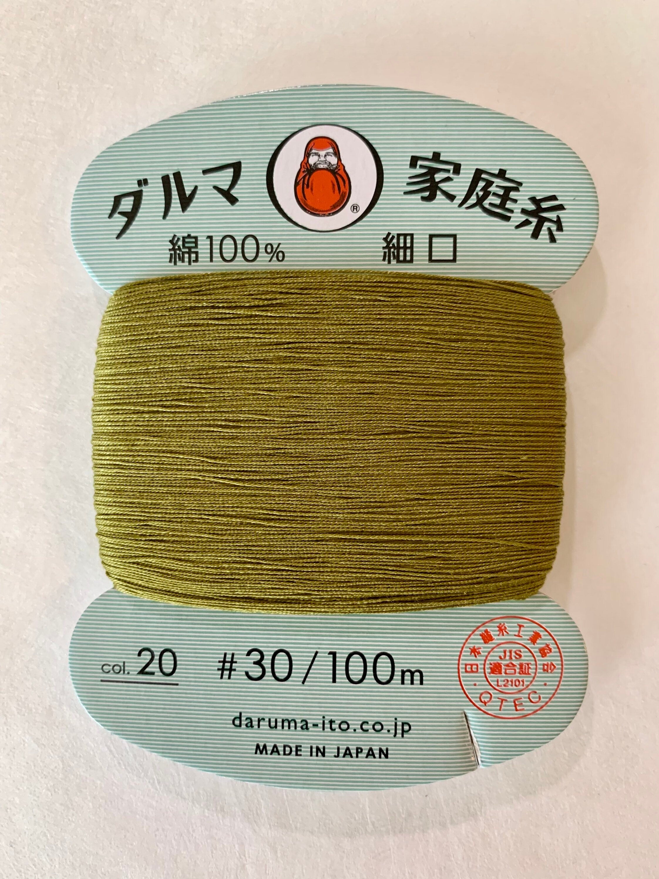 Daruma - Cotton Hand Sewing Thread Size #30 100m Card - Color #20 Warbler Green
