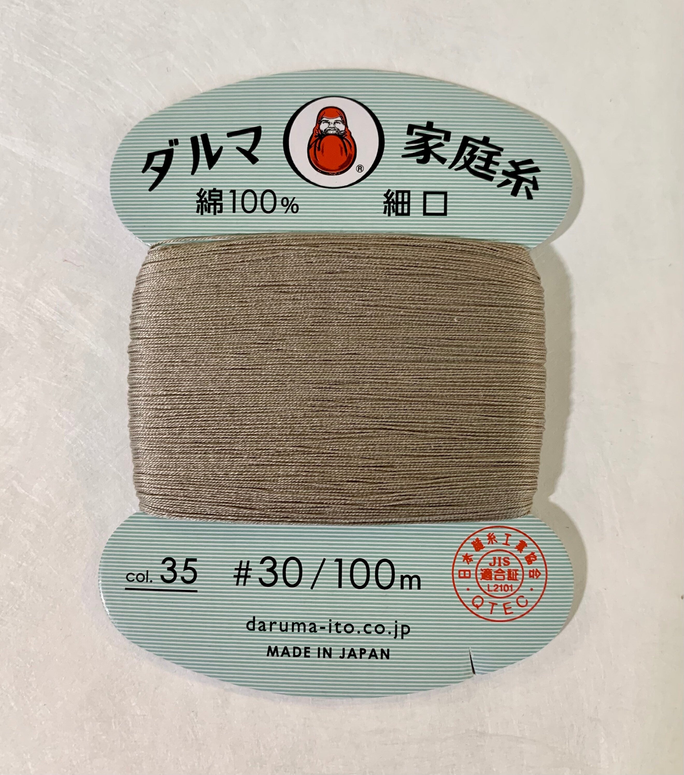 Daruma - Cotton Hand Sewing Thread Size #30 100m Card - Color #35 Ash Gray