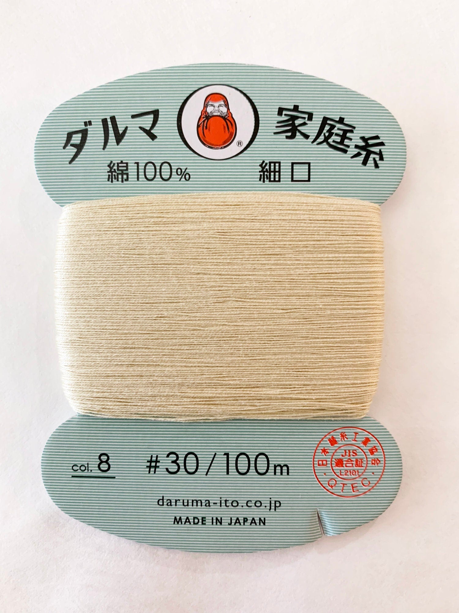 Daruma - Cotton Hand Sewing Thread Size #30 100m Card - Color #8 Cream