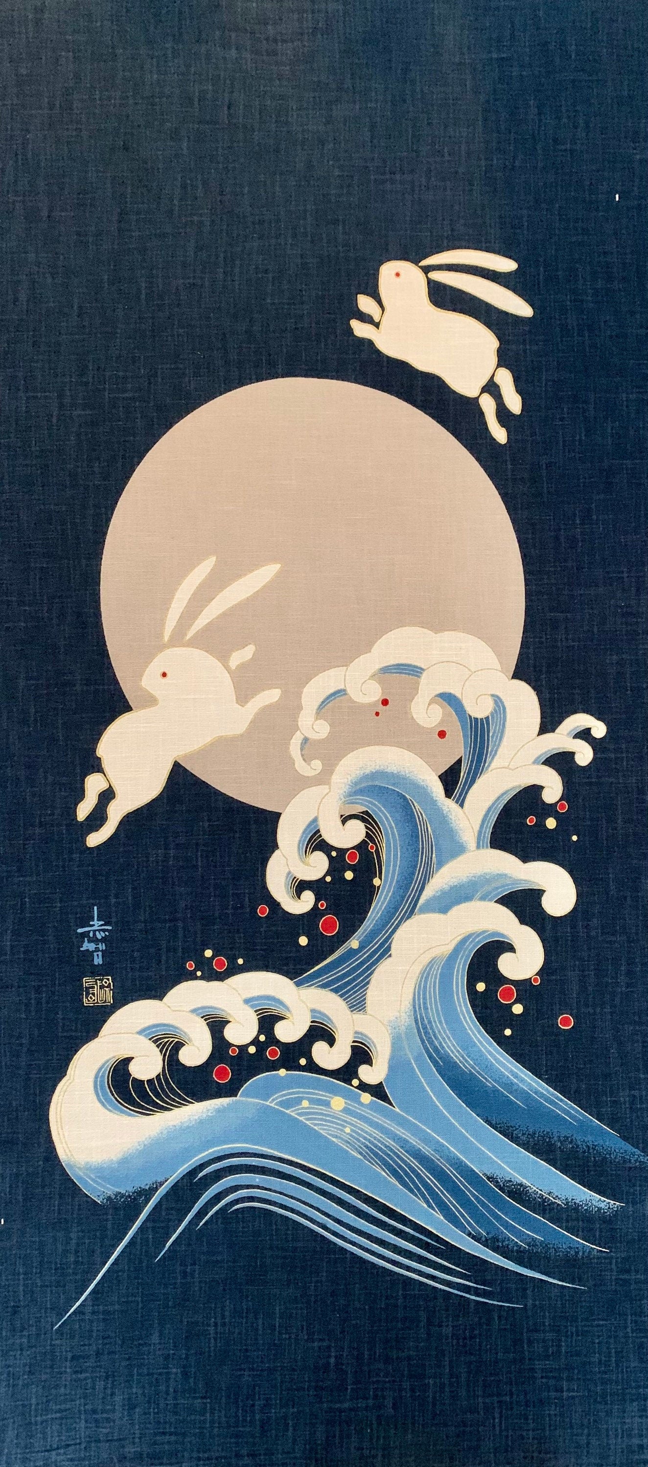 Japanese noren panel Rabbit Wave KP7290-51 blue