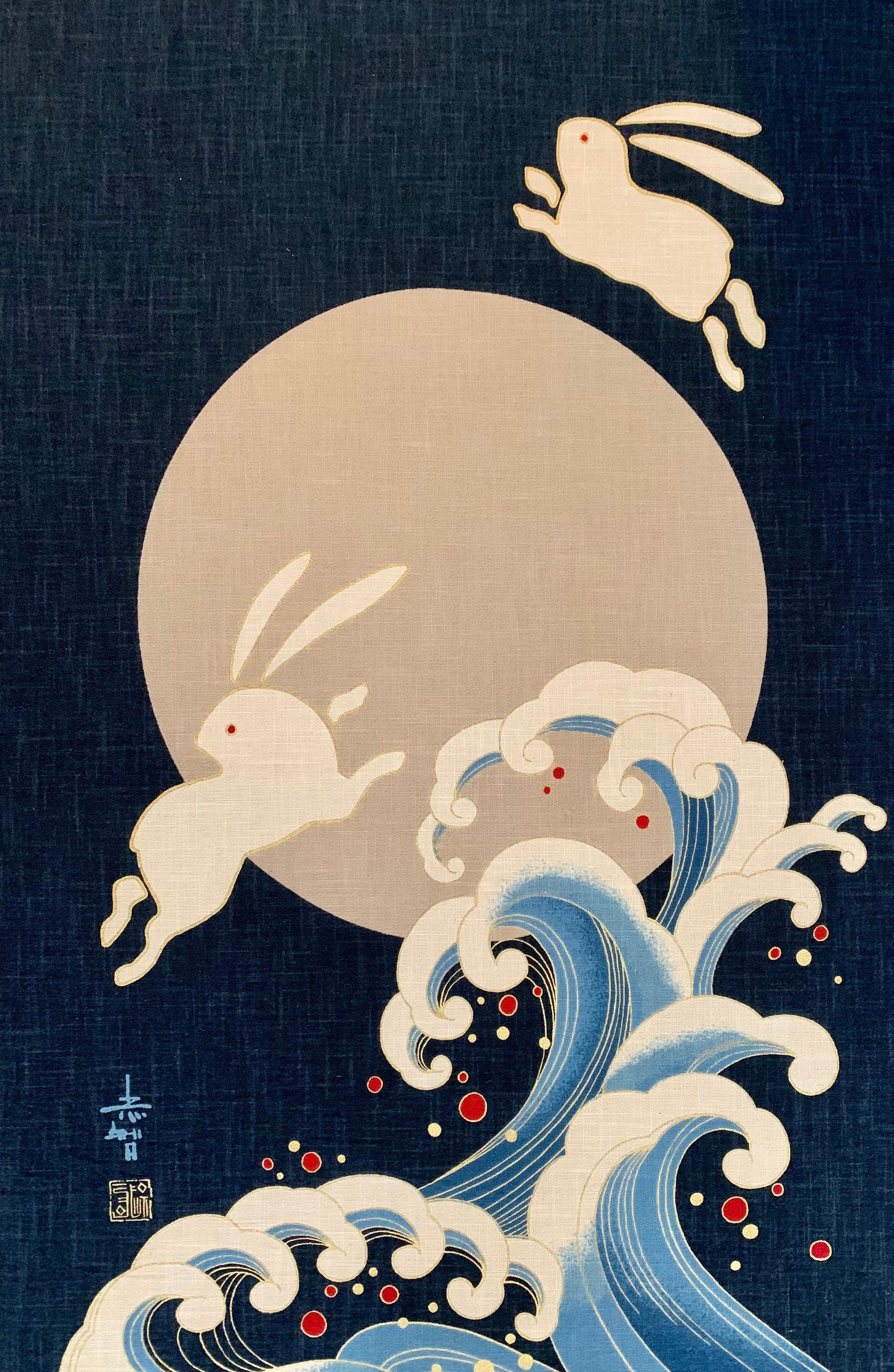 Japanese noren panel Rabbit Wave KP7290-51 blue