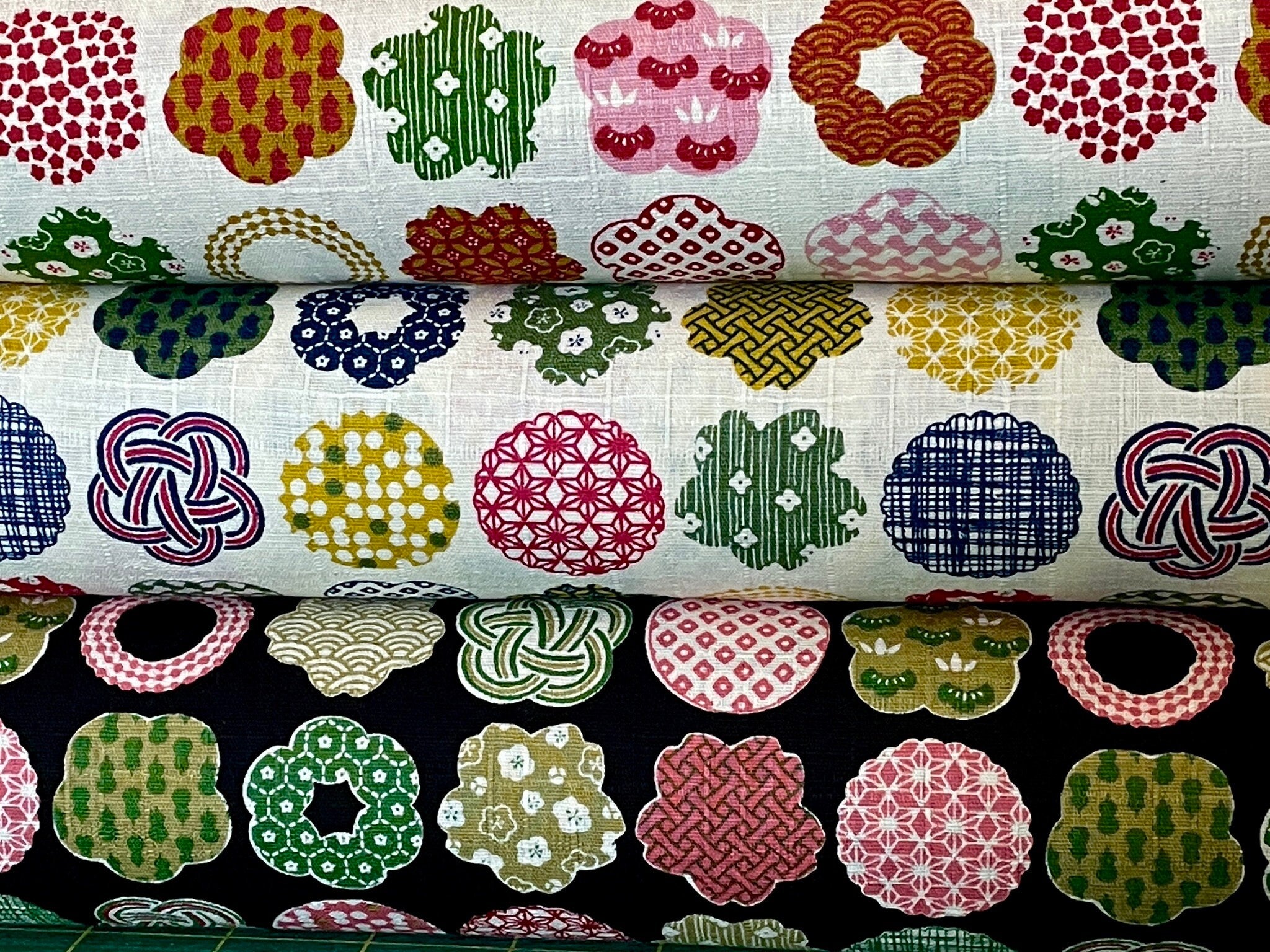 Large Scale Flowers & Circles with Wagara Cosmo Japanese cotton dobby fabric AP15906-2E black