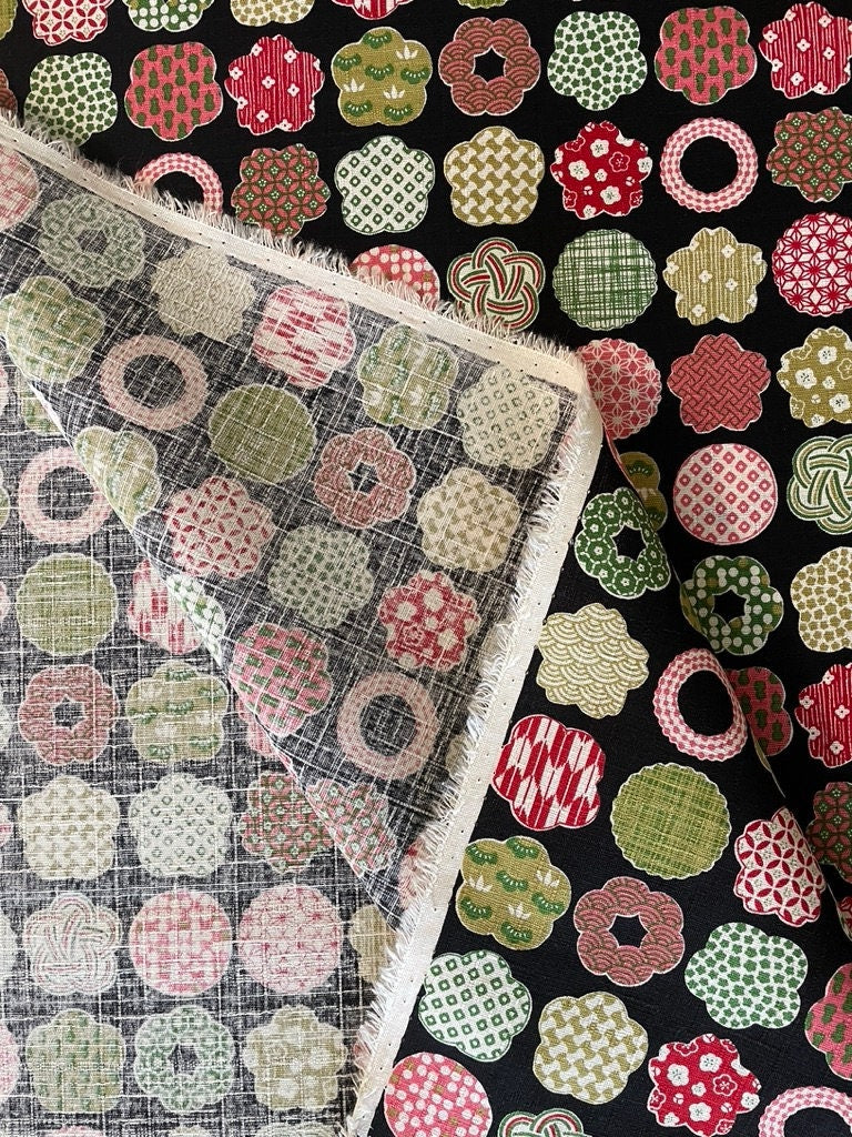 Large Scale Flowers & Circles with Wagara Cosmo Japanese cotton dobby fabric AP15906-2E black
