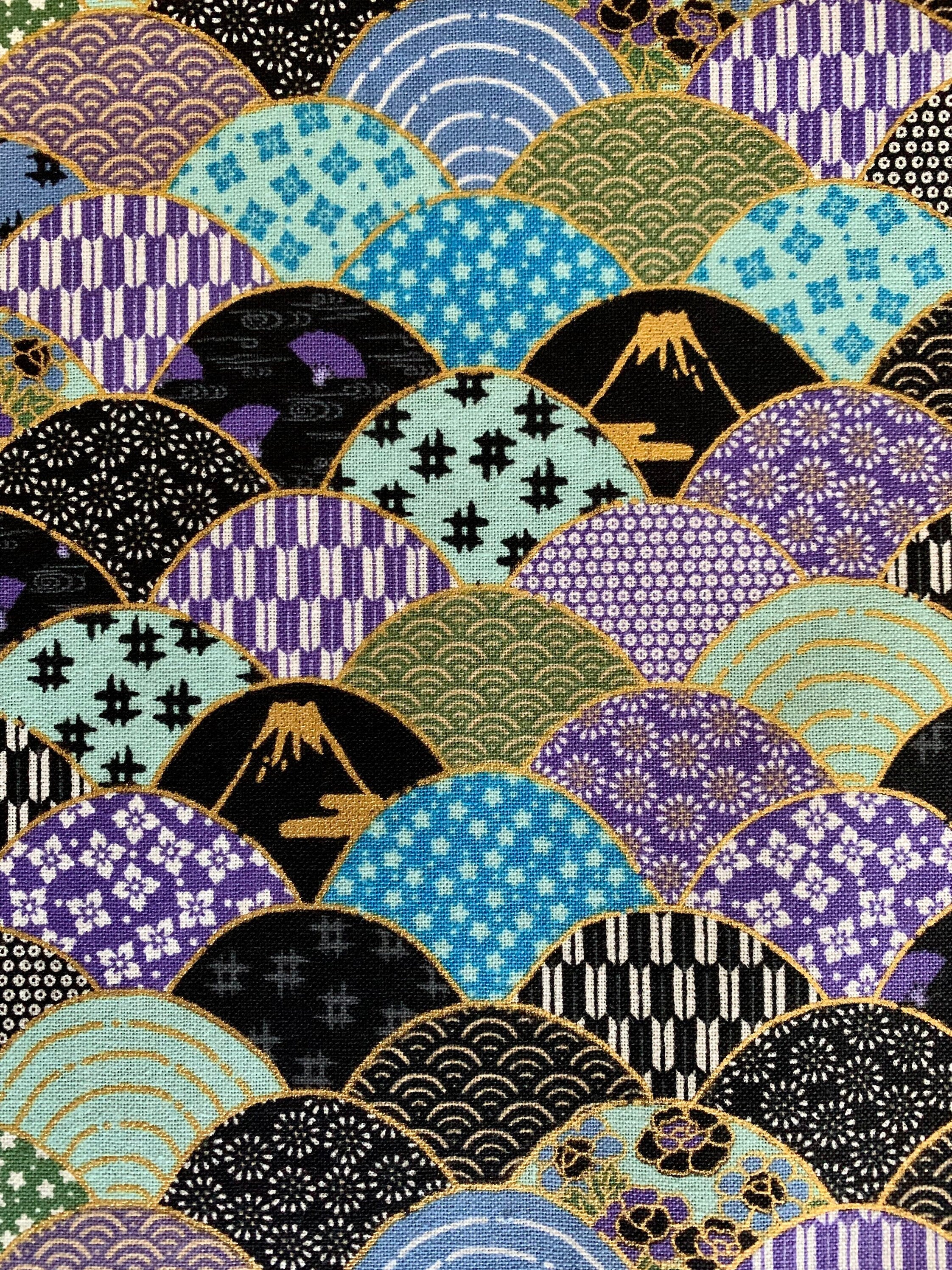 Naka Mt. Fuji and Waves Japanese cotton fabric 2000-89A purple blue green gold