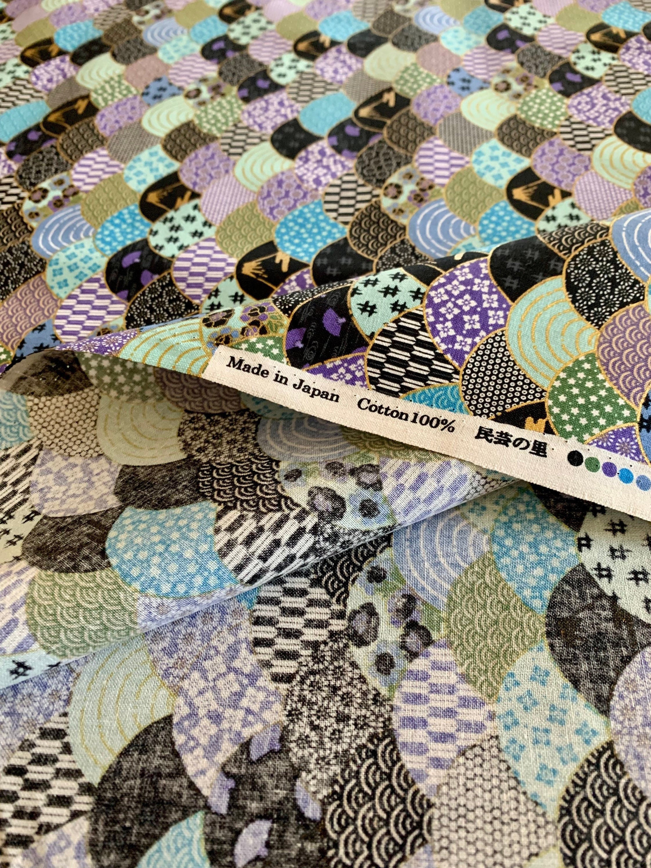Naka Mt. Fuji and Waves Japanese cotton fabric 2000-89A purple blue green gold