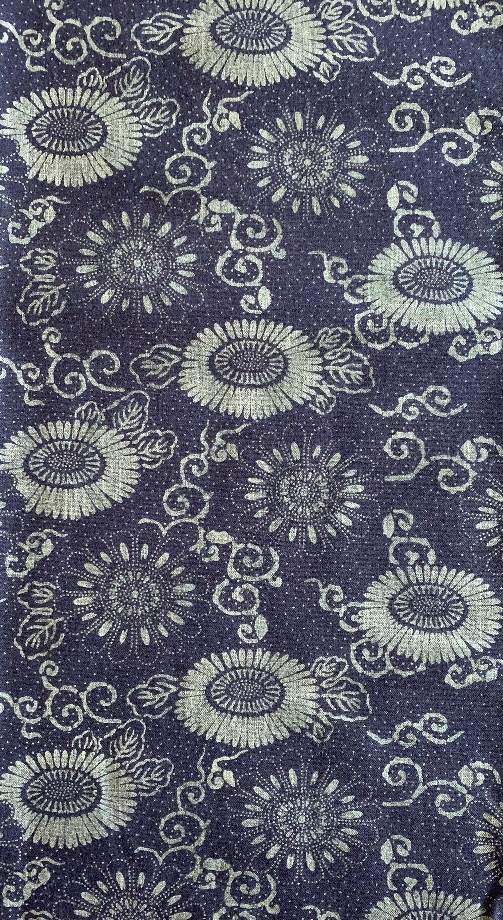 Vintage look chrysanthemum Japanese cotton fabric natural aizome indigo blue gray