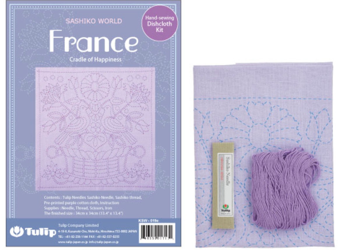 Tulip Sashiko World FRANCE "Cradle of Happiness" sashiko sampler kit with cotton fabric, thread, and needle from Japan