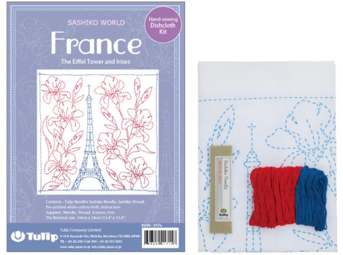 Tulip Sashiko World FRANCE "The Eiffel Tower and Irises" sashiko sampler kit with cotton fabric, thread, and needle from Japan