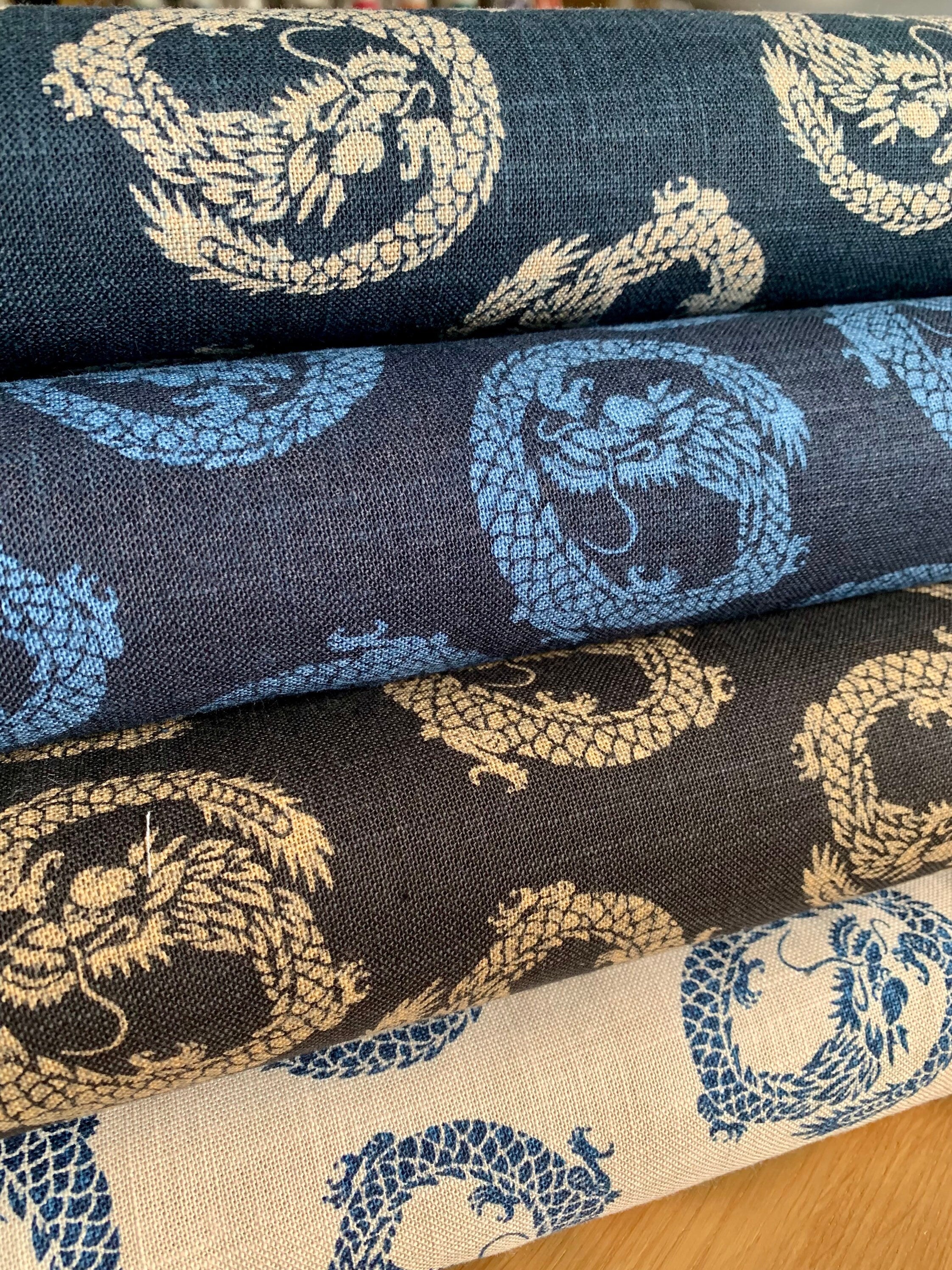 Little Dragons hand stenciled Japanese cotton fabric KP7090-88-B navy and blue - half yard