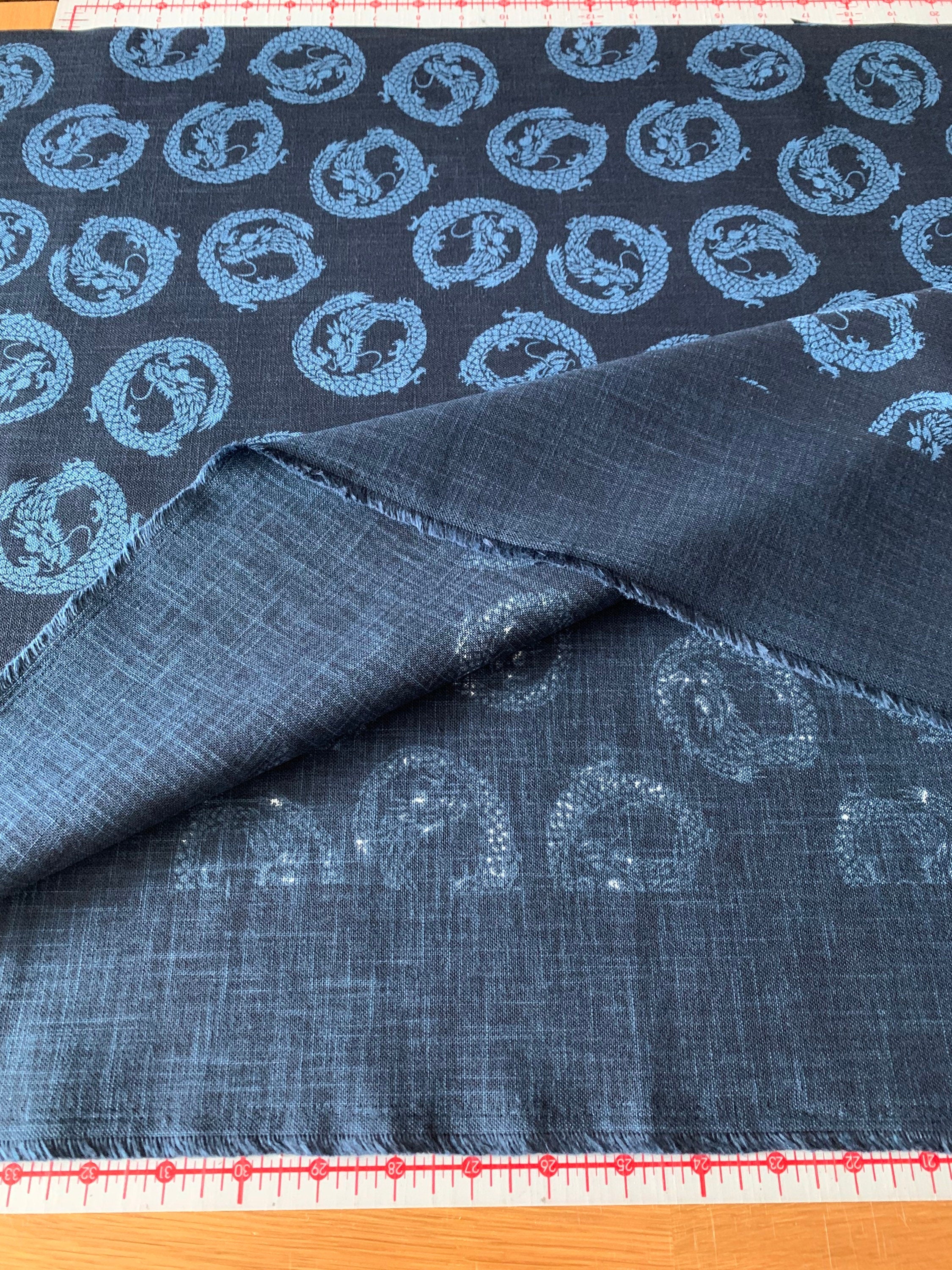 Little Dragons hand stenciled Japanese cotton fabric KP7090-88-B navy and blue - half yard