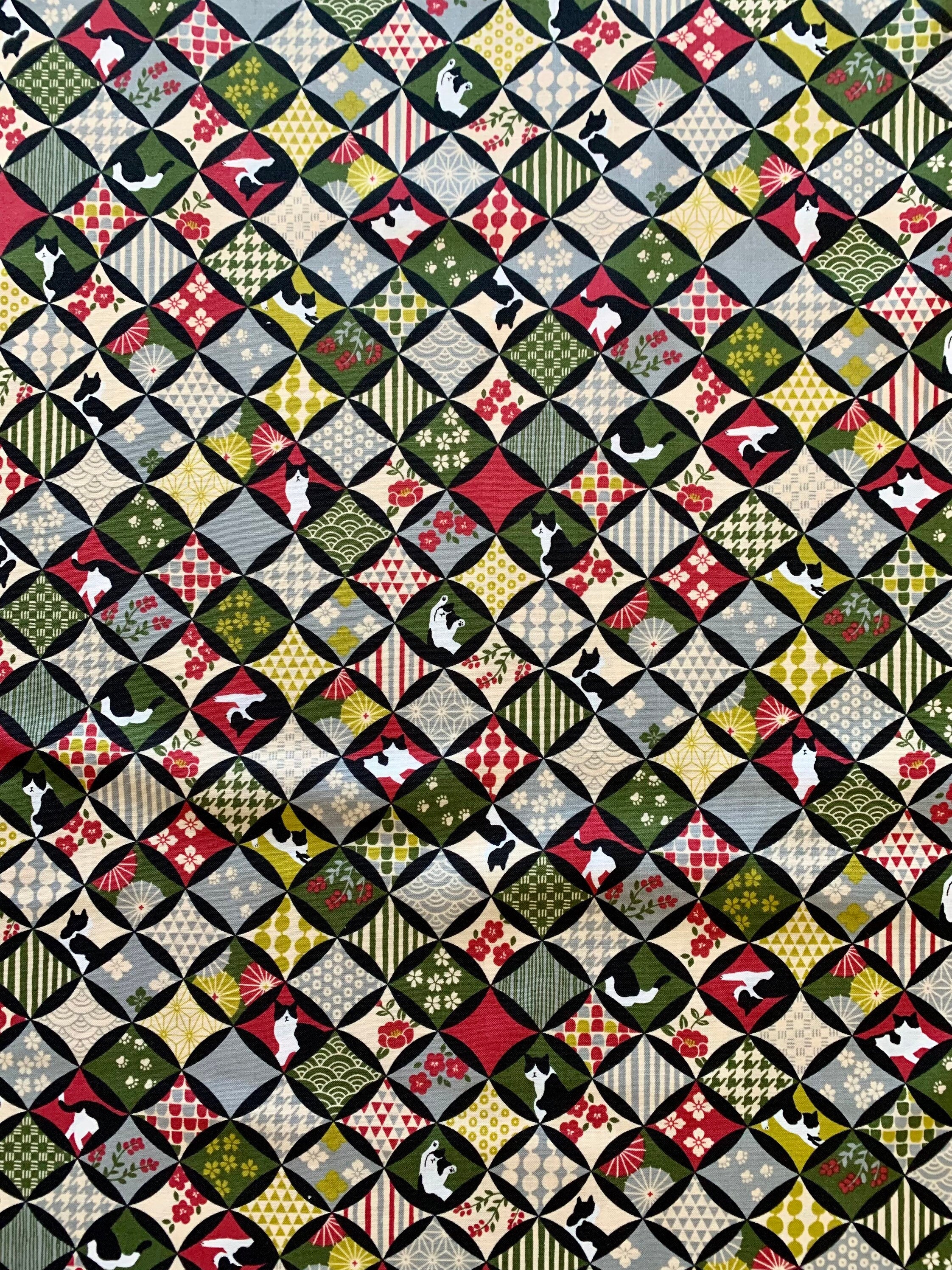 Cats in Cathedral Windows Cosmo Japanese quilt cotton fabric AP31908-1B green magenta