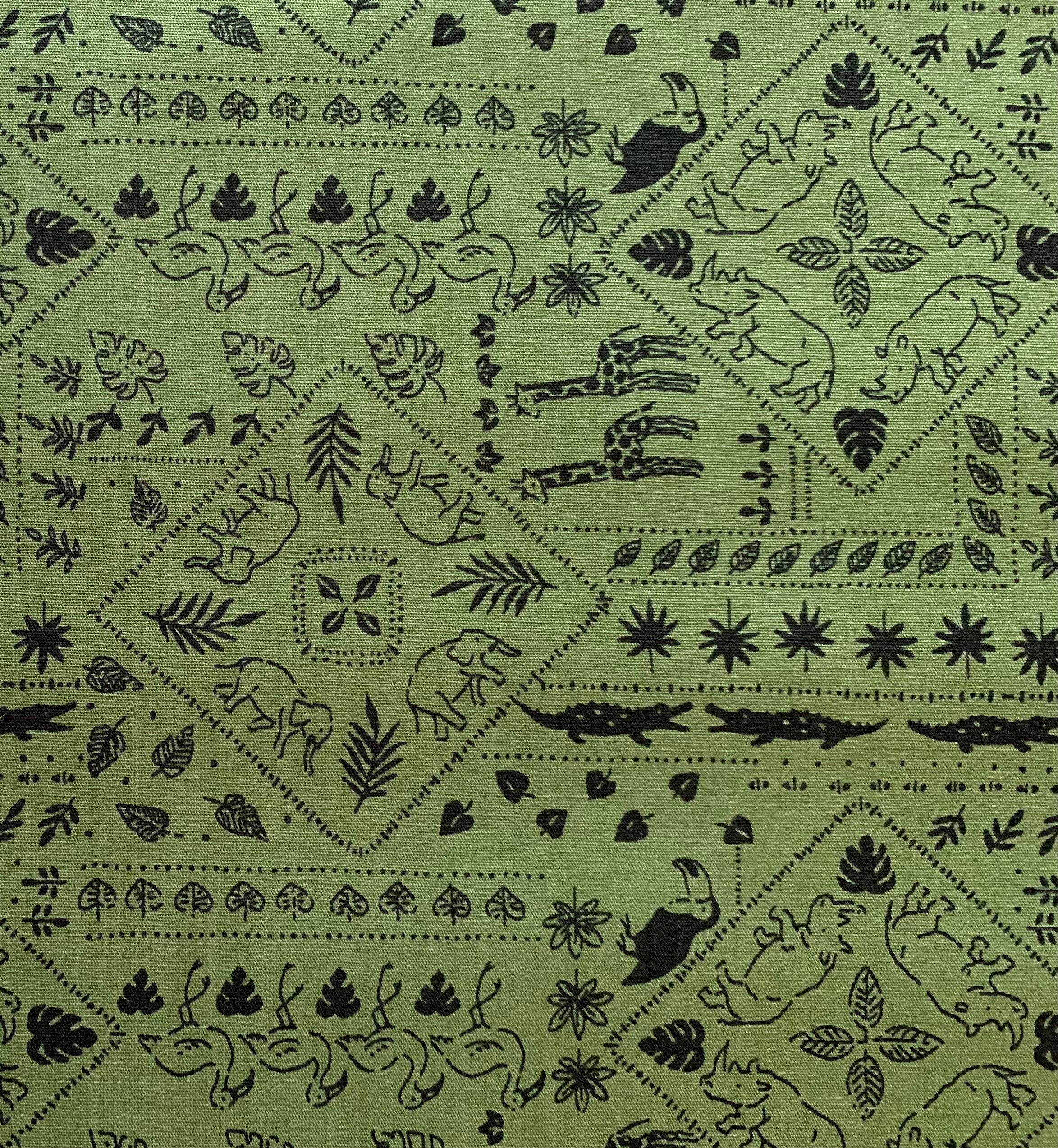 African Safari Animals Sevenberry Japanese cotton fabric 850332-2-4 green black