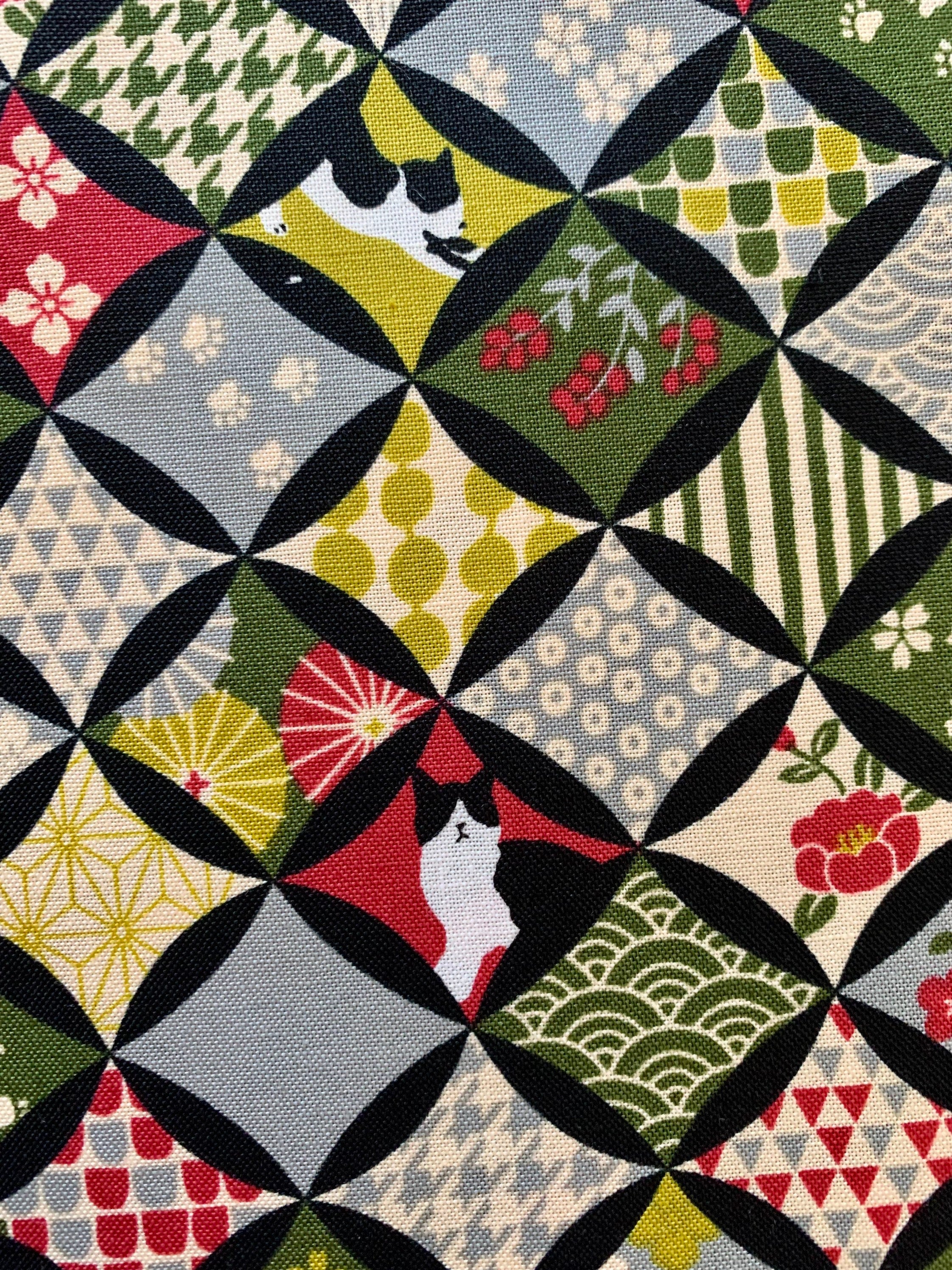Cats in Cathedral Windows Cosmo Japanese quilt cotton fabric AP31908-1B green magenta