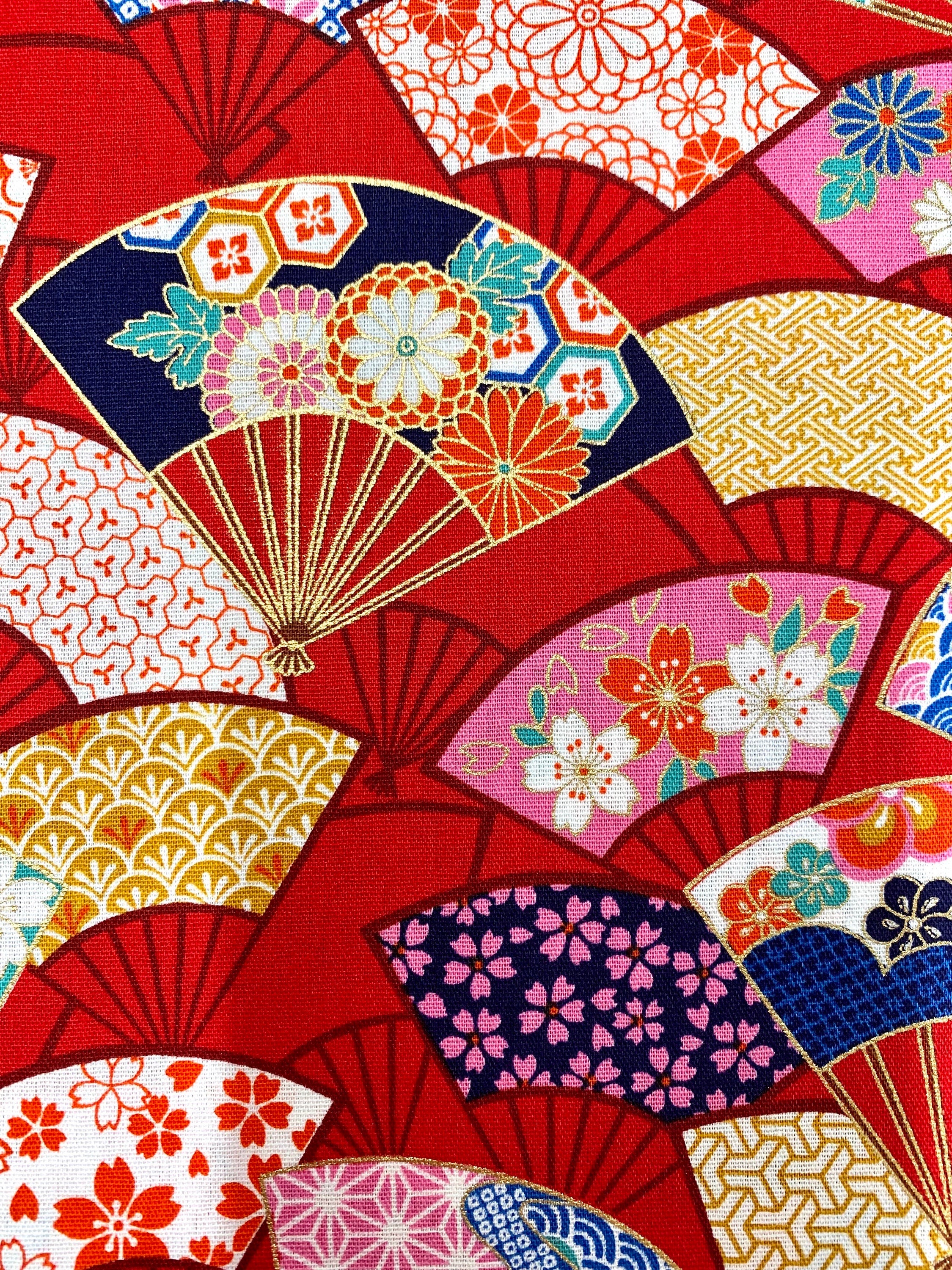 Senyo Golden Flower Story Fans Japanese cotton fabric SK-7600-3C red pink gold