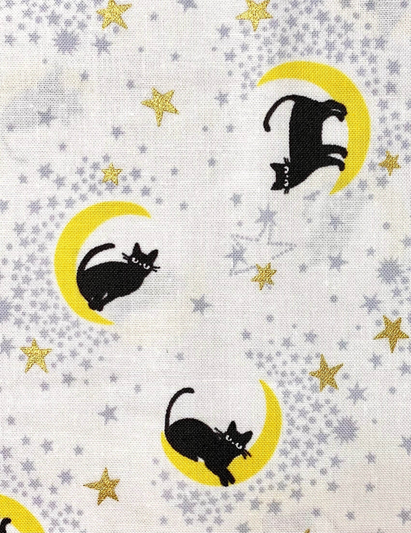 Black Cat on the Moon Kokka Japanese cotton fabric YQA-16010-1D white yellow black gold