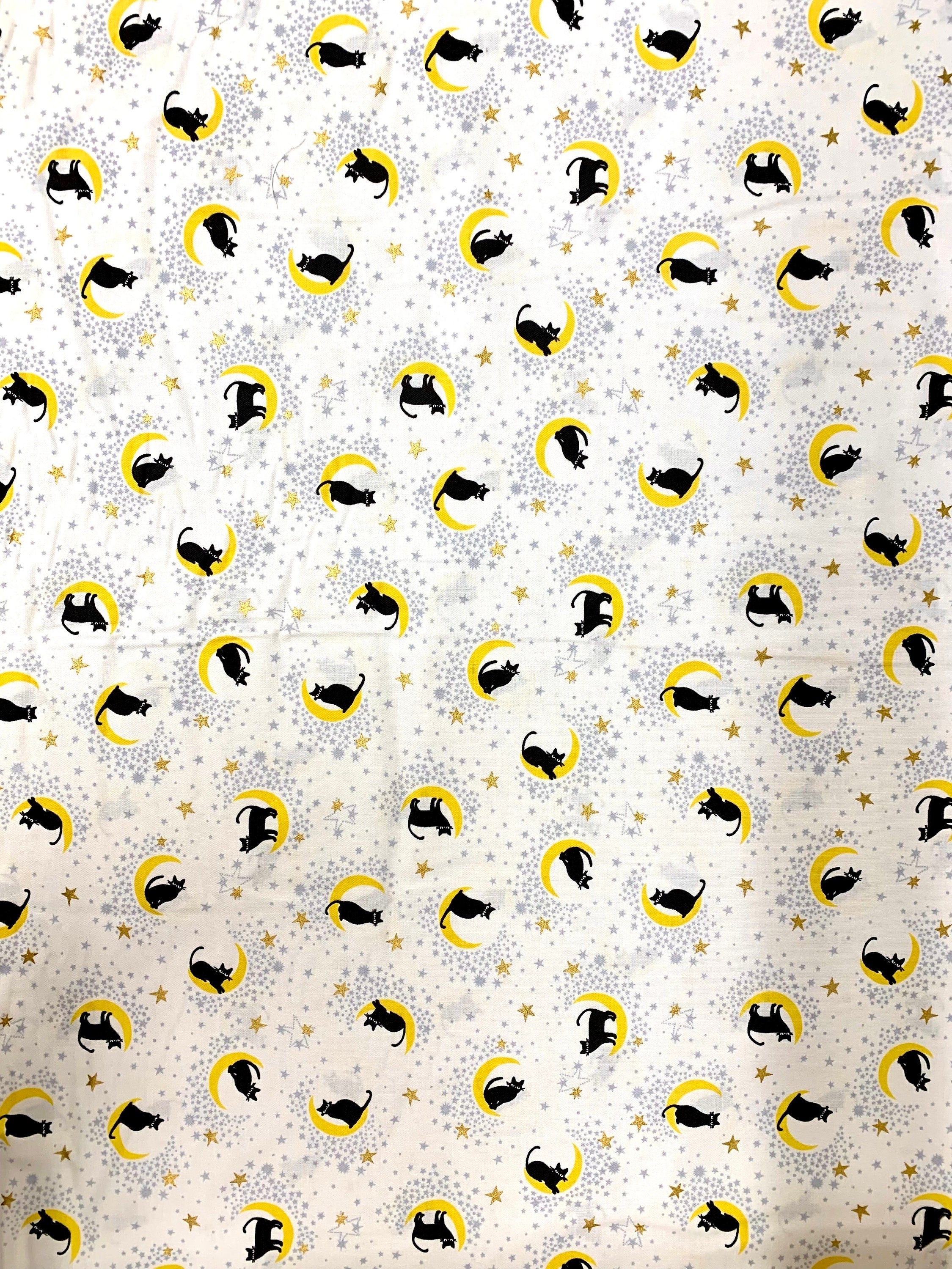 Black Cat on the Moon Kokka Japanese cotton fabric YQA-16010-1D white yellow black gold