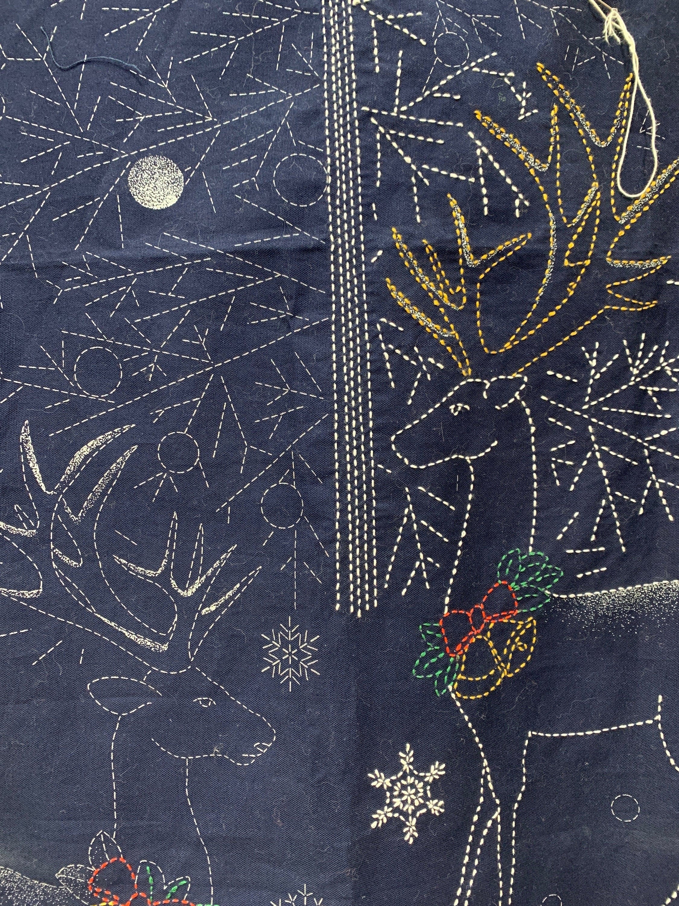 Orimono Imports - Woodland Christmas Sashiko Washout Fabric Panel - Navy/Green/Red/Cream