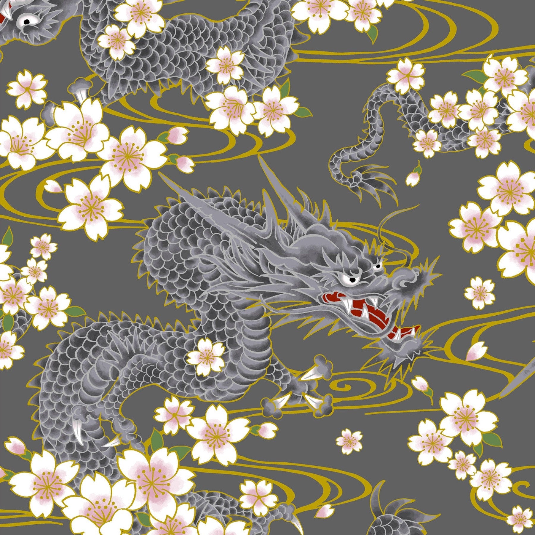 PRE-CUT QuiltGate Hyakka Ryoran Water Dragon cotton fabric HR3440-11B gray