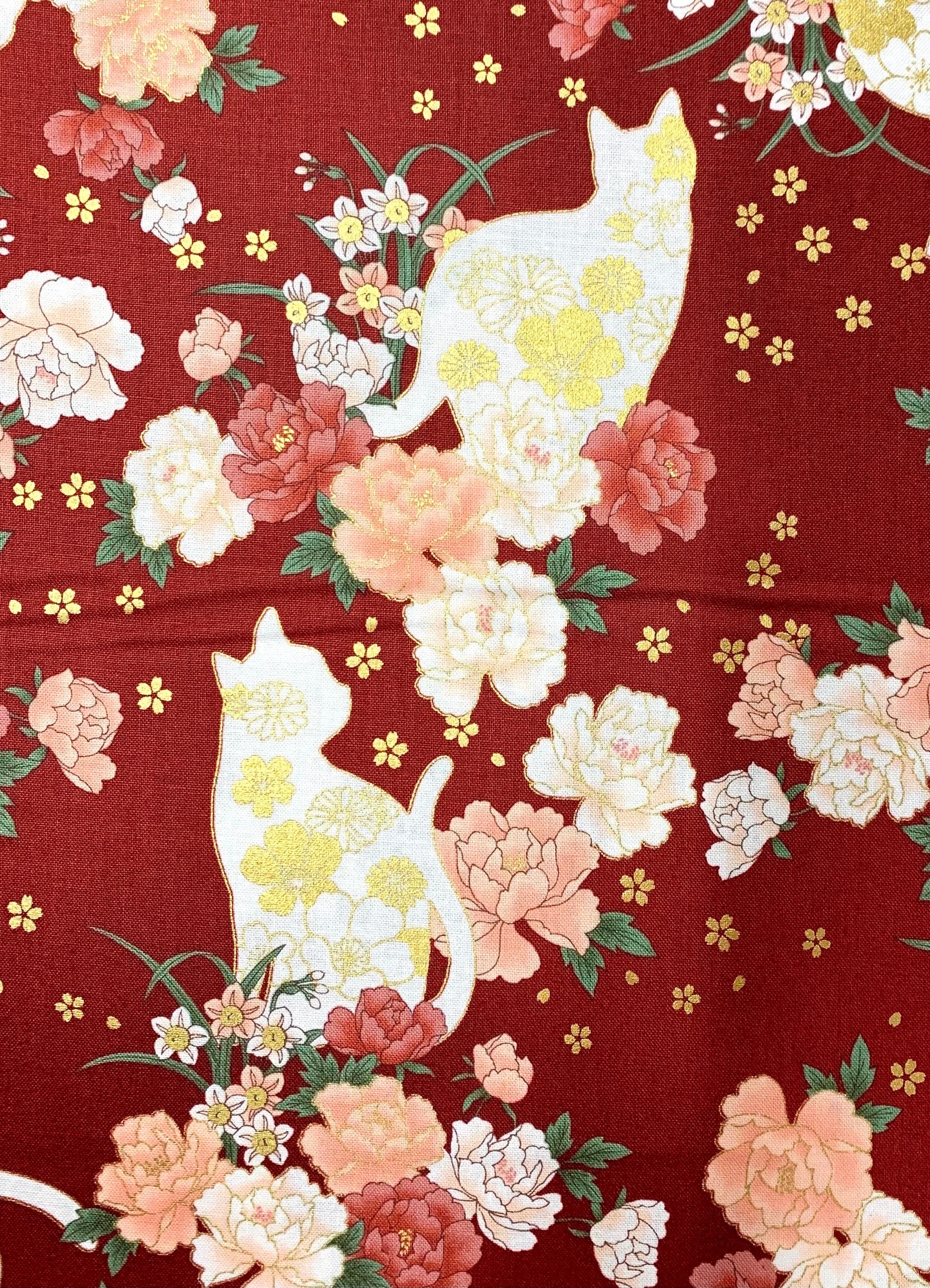 Flower Cats QuiltGate Hyakka Ryoran Japanese cotton fabric HR3430-11D red pink gold