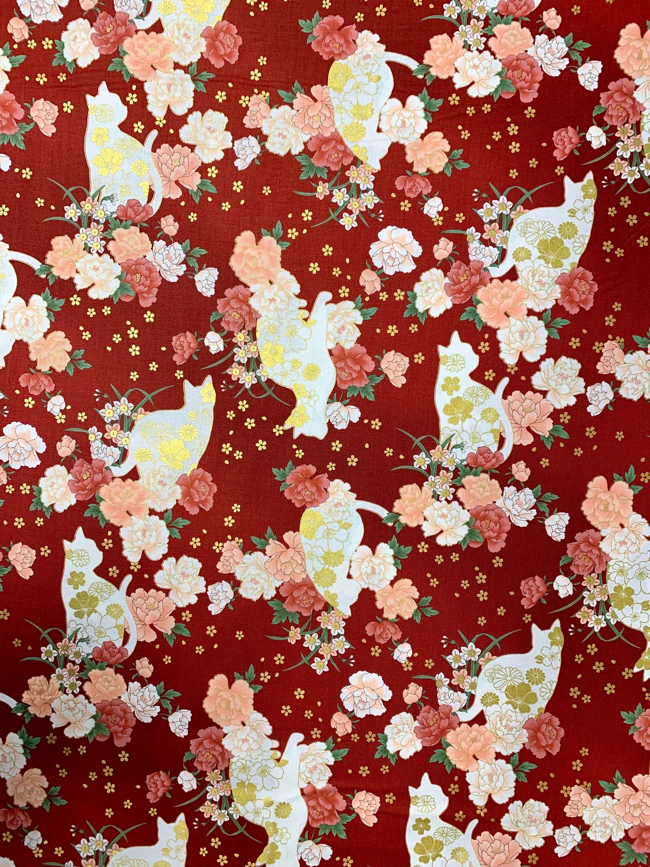 Flower Cats QuiltGate Hyakka Ryoran Japanese cotton fabric HR3430-11D red pink gold