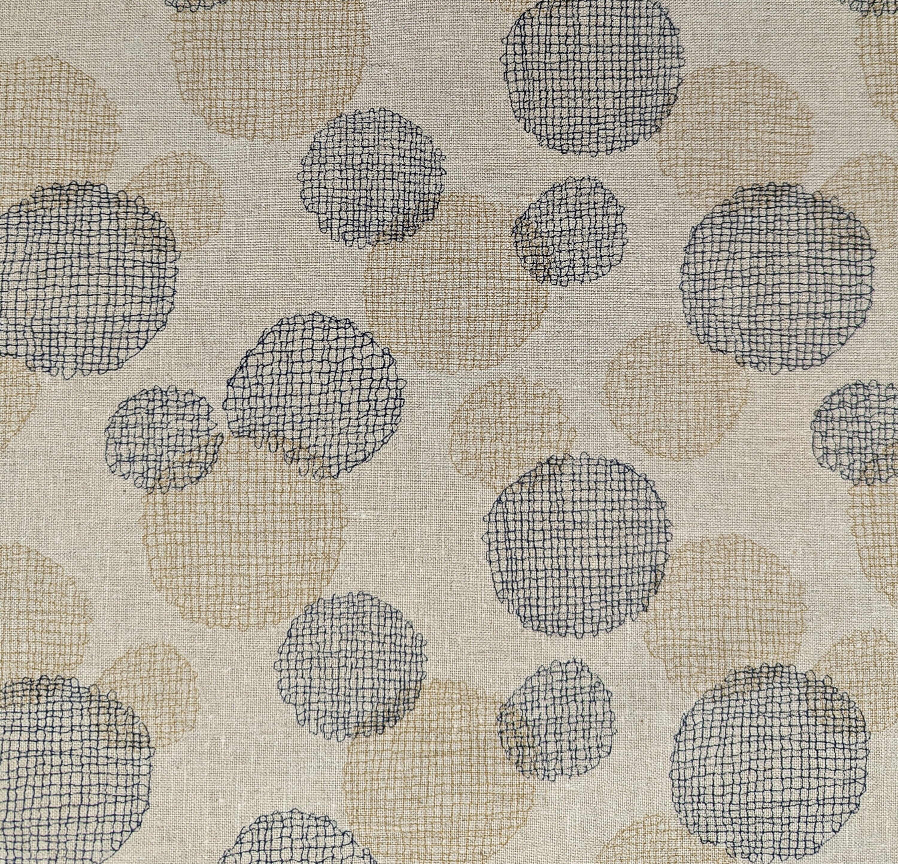 Crosshatched Circles on Natural Japanese Cotton Linen Blend PJ-2622CL-B yellow