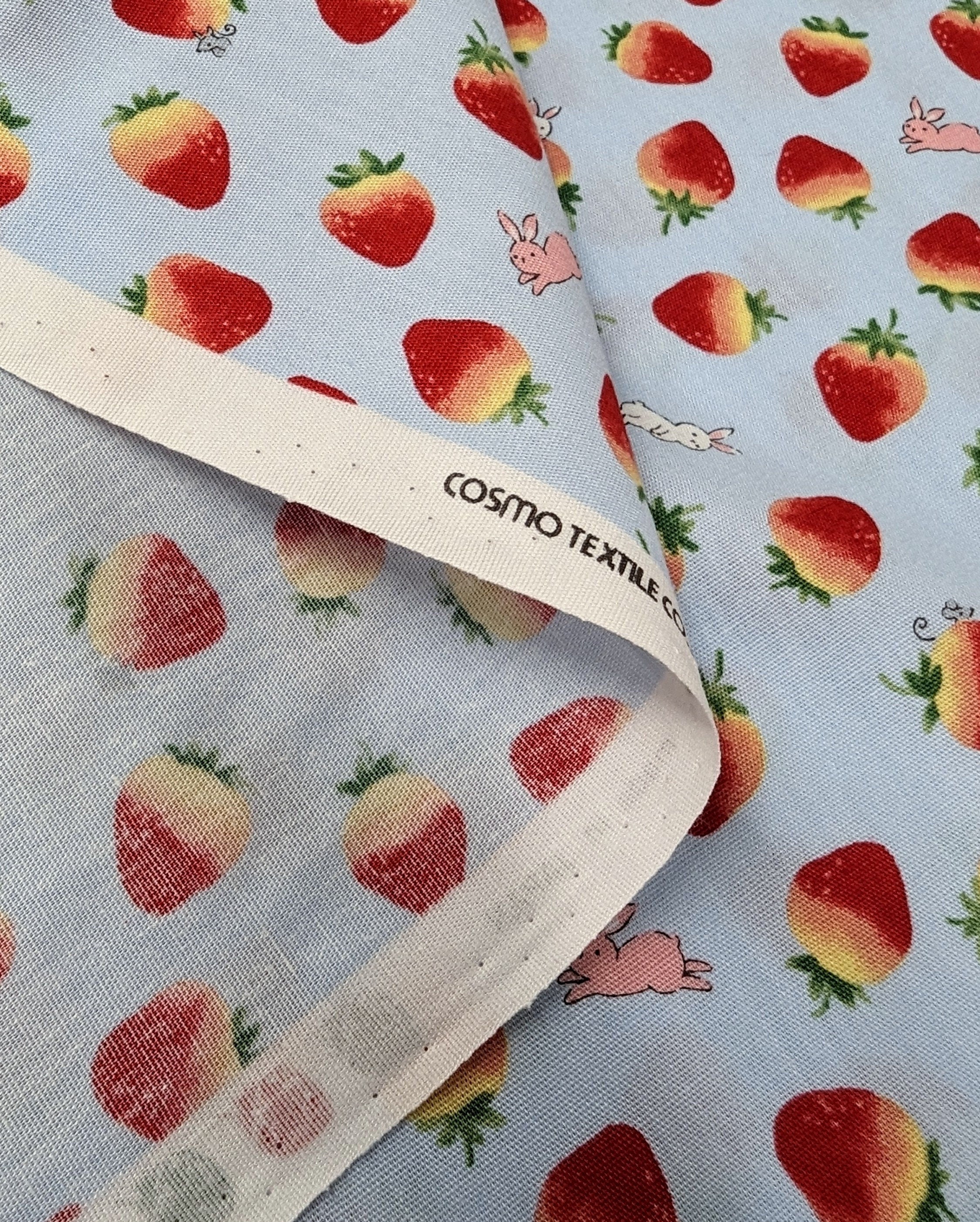Strawberry Bunnies Cosmo kawaii cotton fabric SP2400-1C light blue