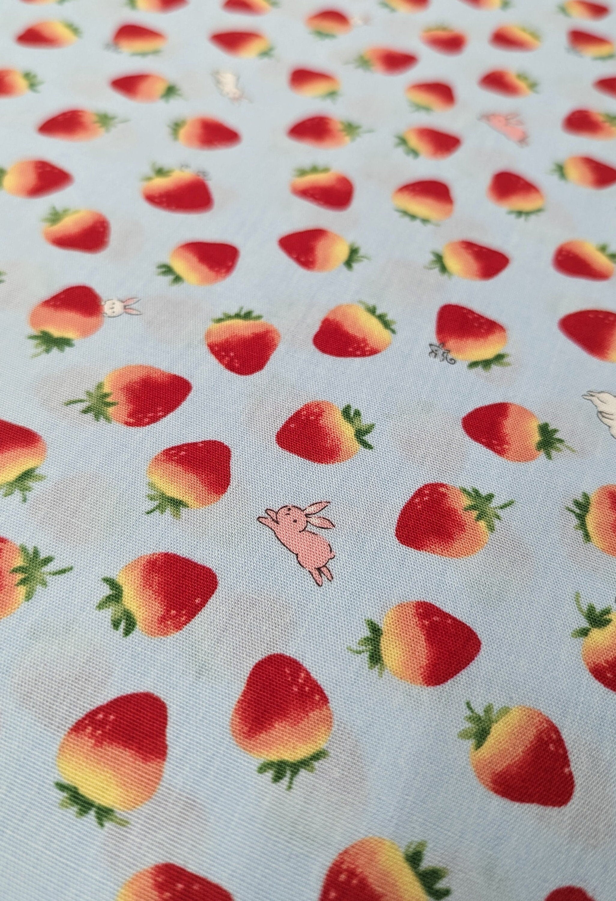 Strawberry Bunnies Cosmo kawaii cotton fabric SP2400-1C light blue