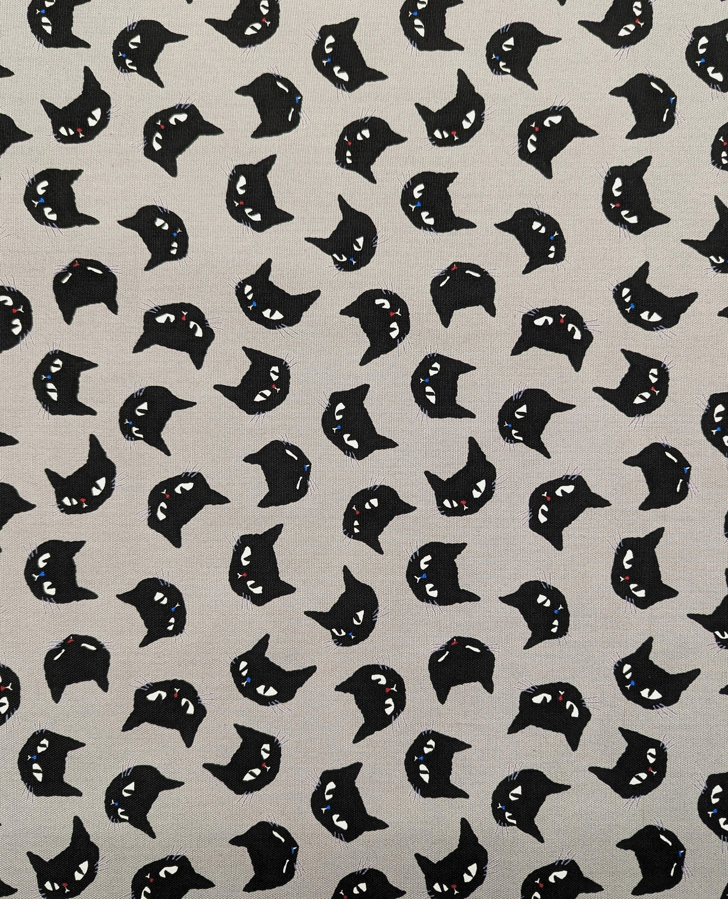 Black Cats Japanese Oxford cotton canvas fabric H-7094-1-E gray