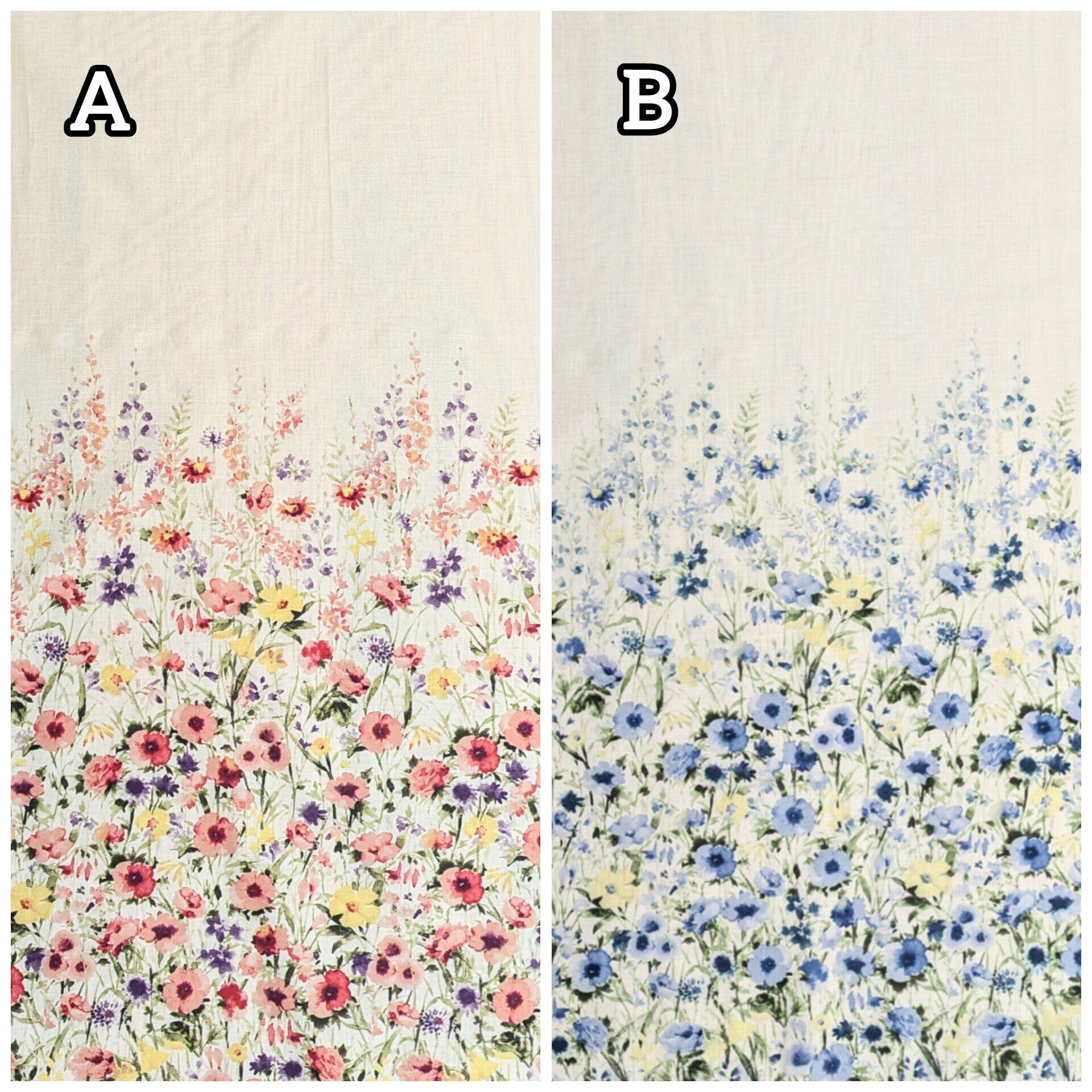 Watercolor Sping Flowers Kokka border print Japanese cotton lawn fabric YFA-41030-1 B blue