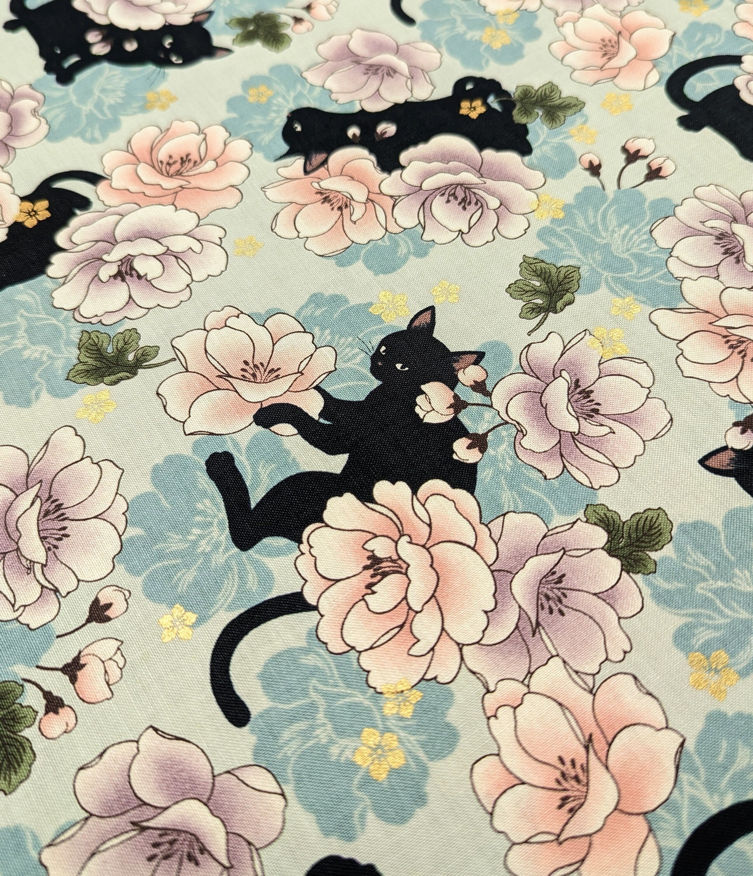 Blossoming Cats Quilt Gate Hyakka Ryoran Japanese cotton fabric HR3450-11 C blue