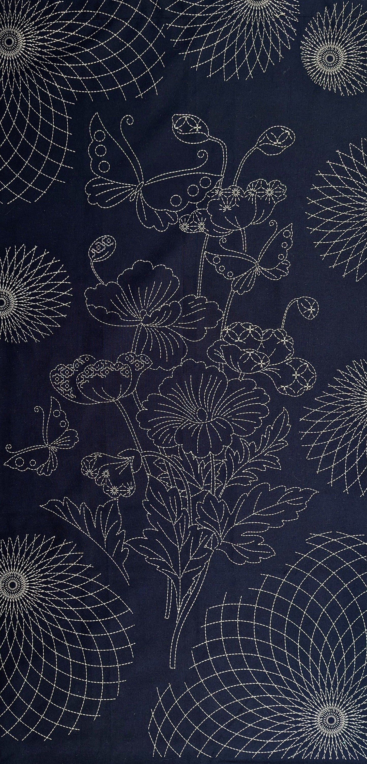 Orimono Imports - Butterflies and Flowers Sashiko Washout Fabric Panel - Navy