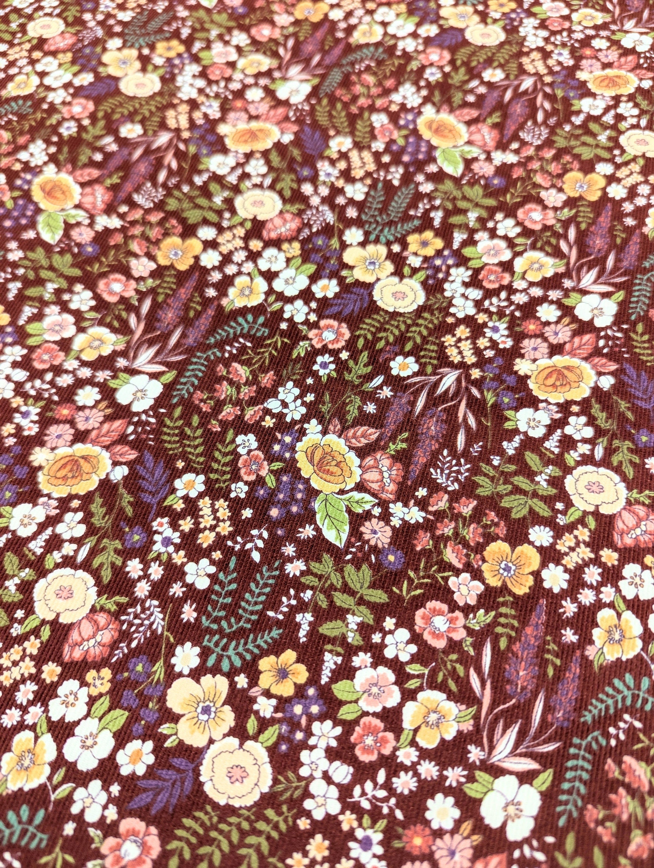 Blooming Flowers Japanese cotton needle cord corduroy fabric Kokka NFA-67610-611 B red