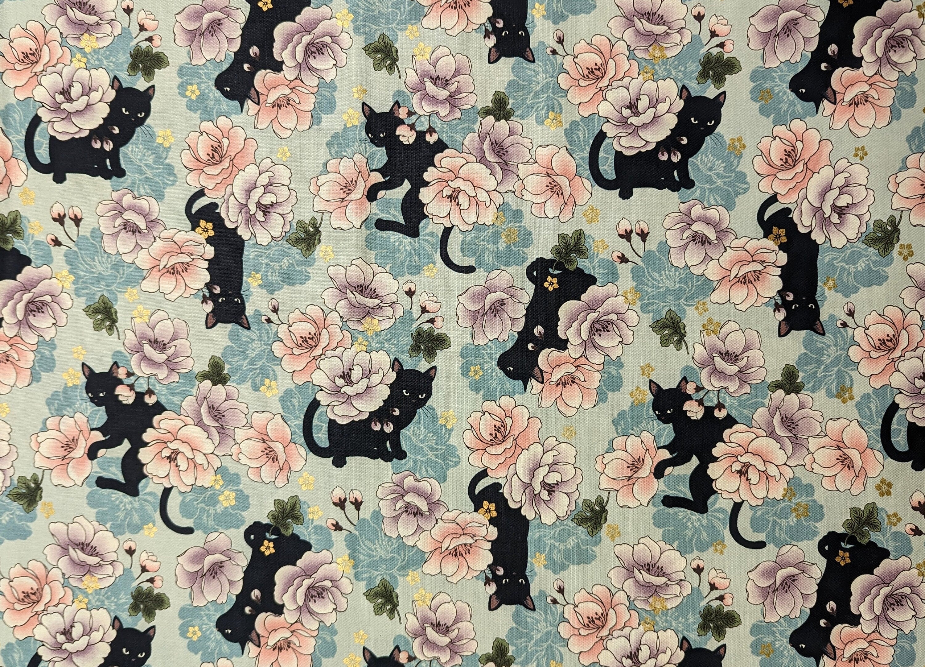Blossoming Cats Quilt Gate Hyakka Ryoran Japanese cotton fabric HR3450-11 C blue