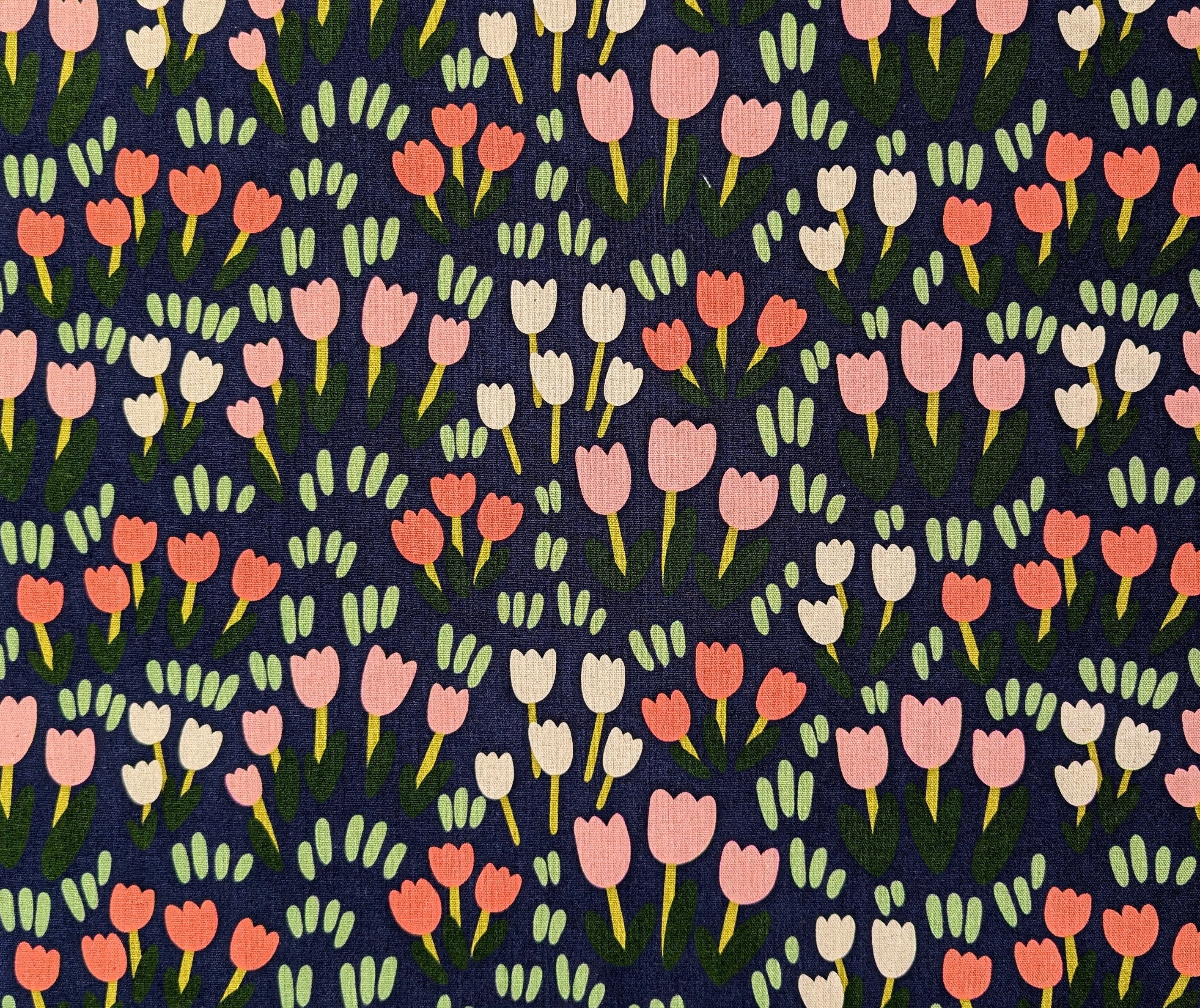 Tulip Fields Kobayashi Japanese cotton linen canvas fabric KTS-6943-D pink, white & navy